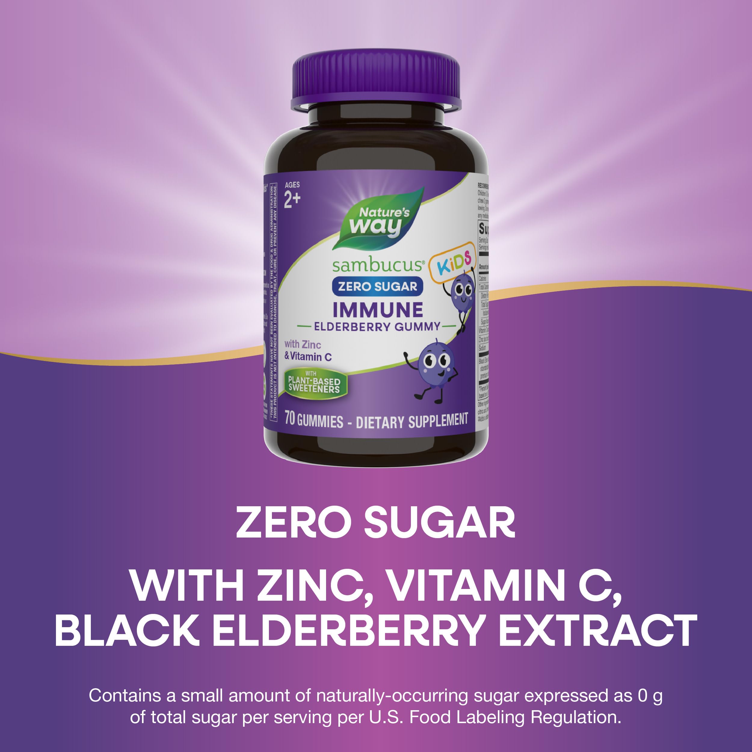 Nature's Way Sambucus Zero Sugar Elderberry Immune Gummies for Kids, Immune Support*, with Vitamin C, Zinc, Black Elderberry Extract, 70 Count