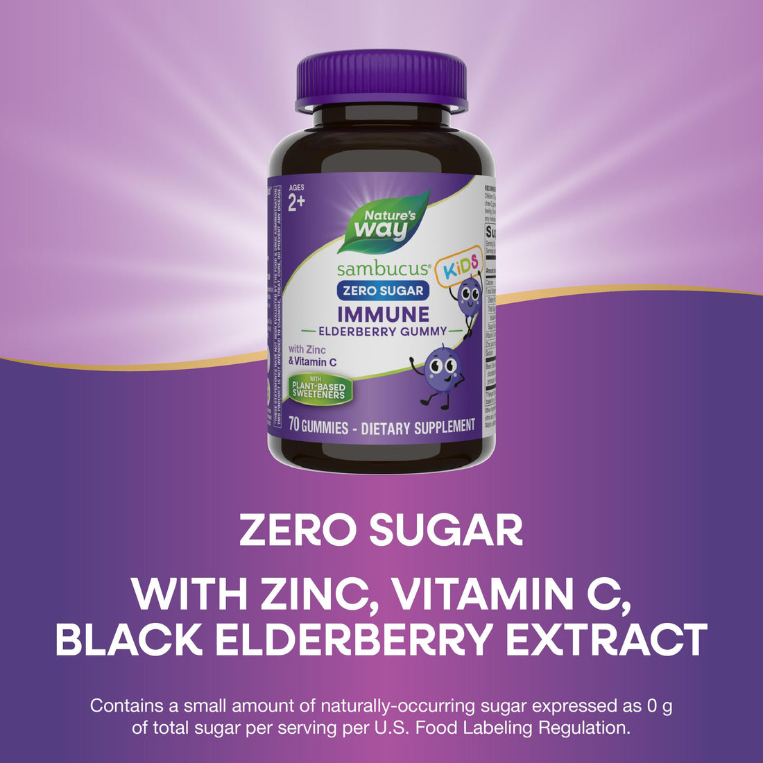 Nature's Way Sambucus Zero Sugar Elderberry Immune Gummies for Kids, Immune Support*, with Vitamin C, Zinc, Black Elderberry Extract, 70 Count