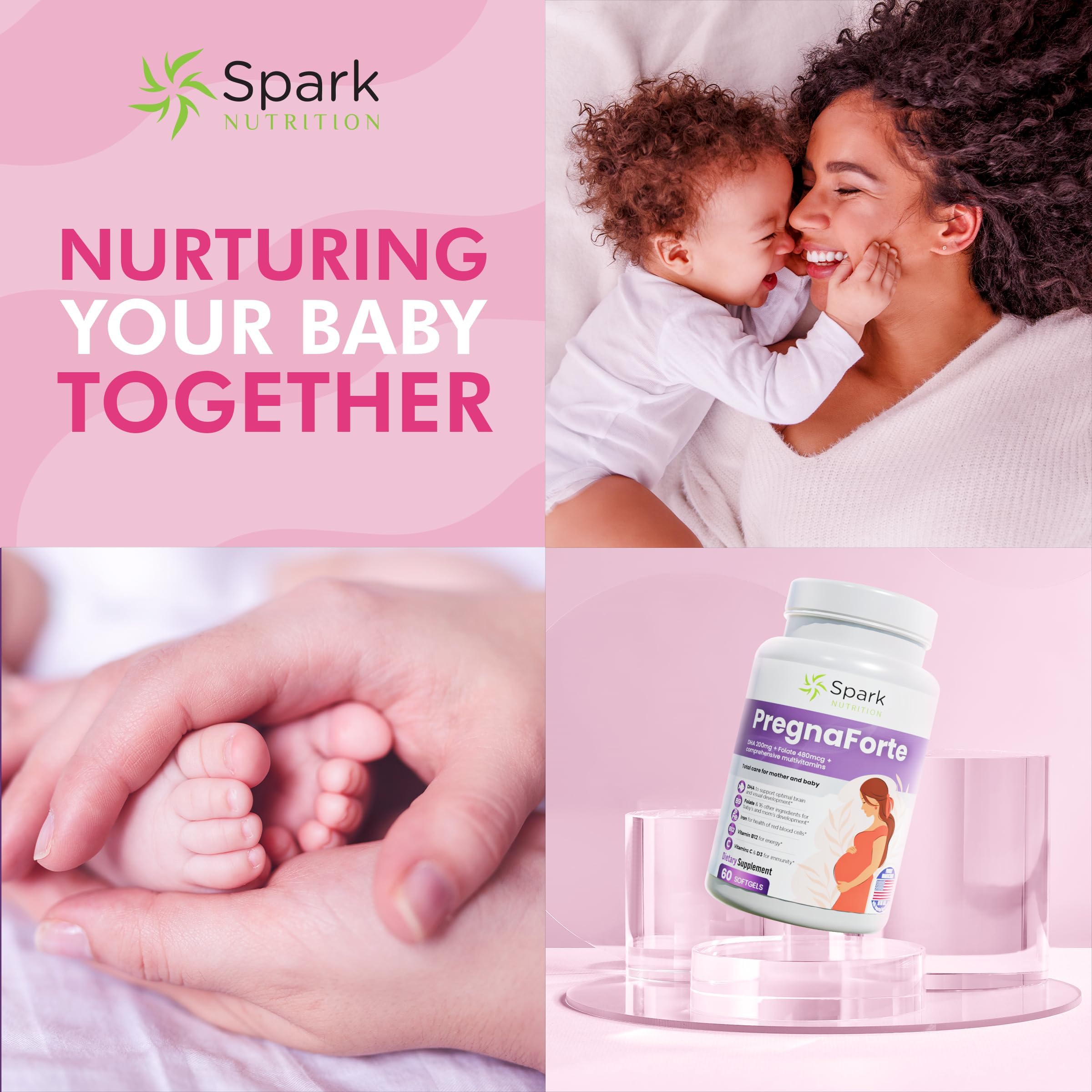 Pregnaforte 1 a day Prenatal vitamins for women 2 month: Folic acid, Fish Oil Omega 3 DHA/EPA, Vitamin D3, B6, Vitmain B12, C, E, Calcium, Iron, Magnesium, Zinc supplement FSA HSA eligble multivitamin