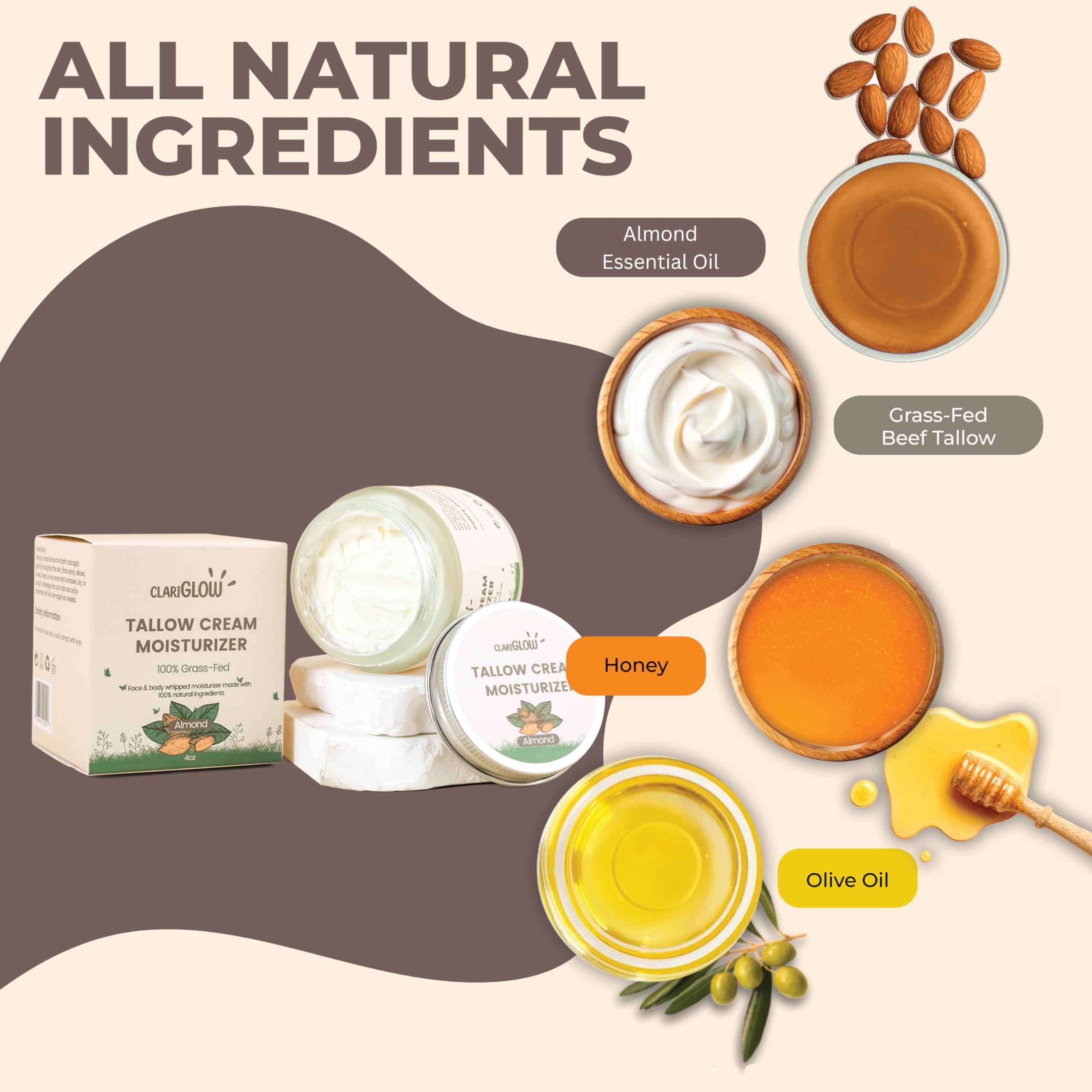 Whipped Beef Tallow Face Moisturizer | 100% Grass Fed Beef Tallow Skin Face Balm Cream | Lotion Balm Body Moisturizer with Honey & Almond | 4 oz | Natural Skin Care