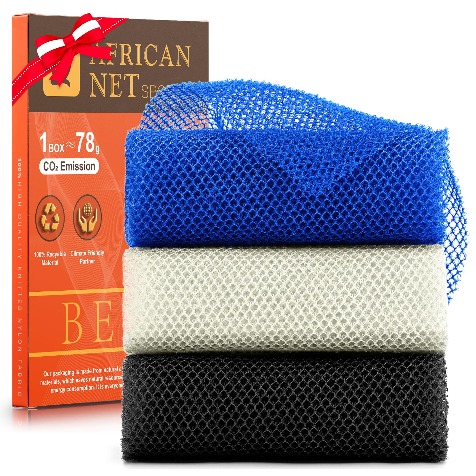 UJFQBH 3 Pieces African Bath Sponge African Net Long Net Bath Sponge Exfoliating Shower Body Scrubber Back Scrubber Skin Smoother,Great for Daily Use(Blue,Black,Off-White)