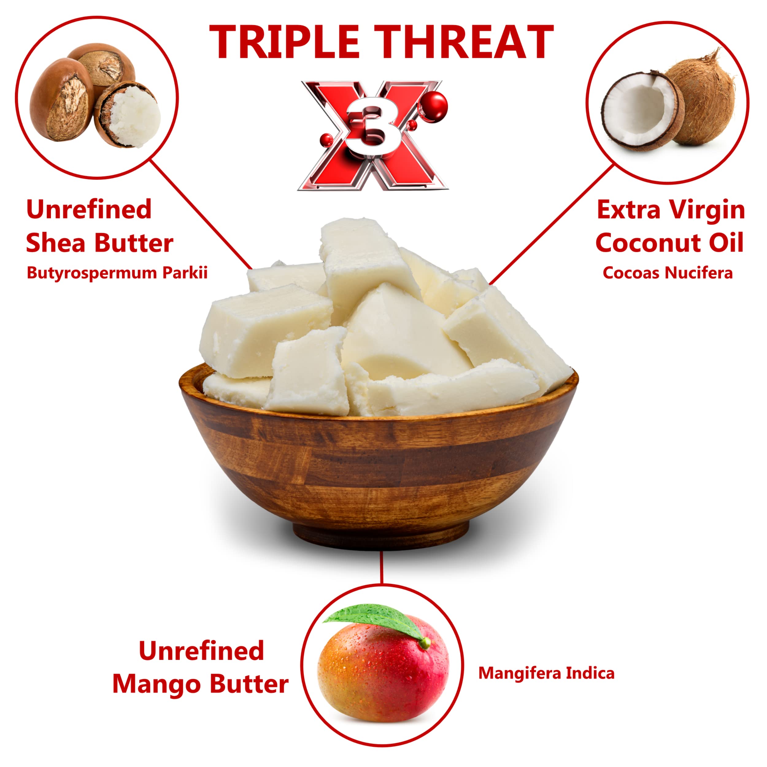 Triple Threat Body Butter 8 oz. - Blend of Shea, Mango & Coconut Oil - 100% Pure Natural Raw Unrefined Moisturizer For Dry Skin, Face And Hair. Great For Lip Balm and Soap Making