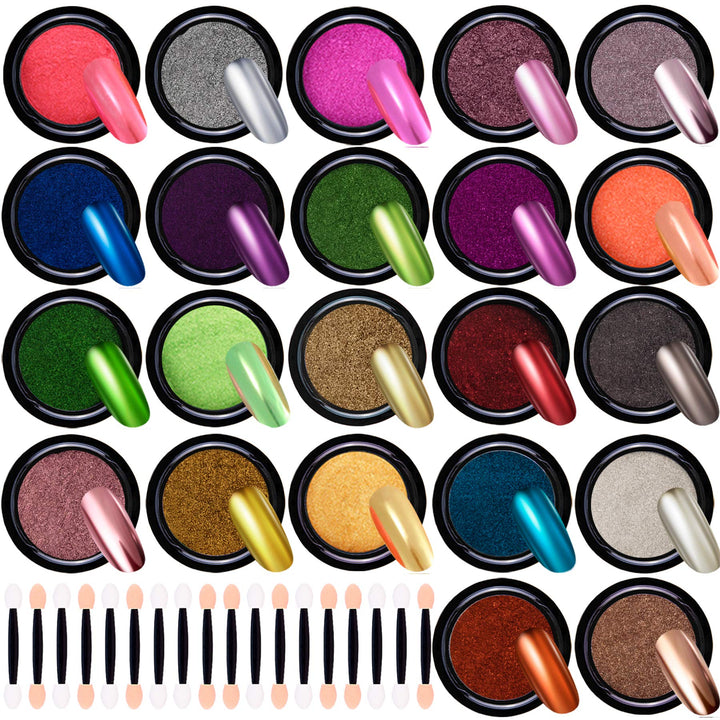 Duufin 22 Colors Chrome Nail Power Metallic Nail Powder for Mirror Effect Nails, Manicure Art Decoration with 22pcs Eyeshadow Sticks, 1g/Jar