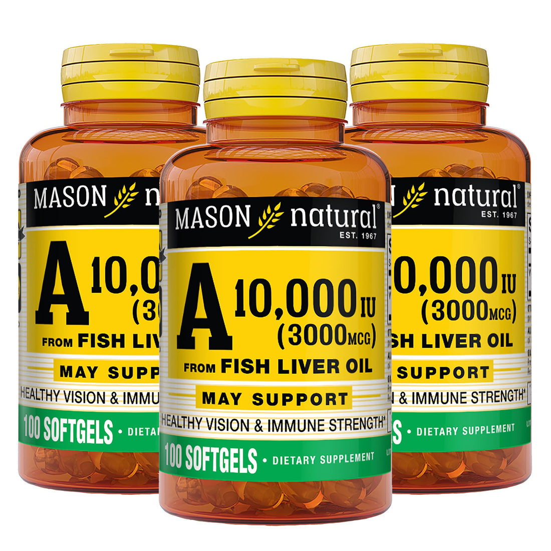 MASON NATURAL Vitamin A 3,000 mcg (10,000 IU) from Fish Liver Oil, Supports Vision & Immune Health, 100 Softgels, Pack of 3