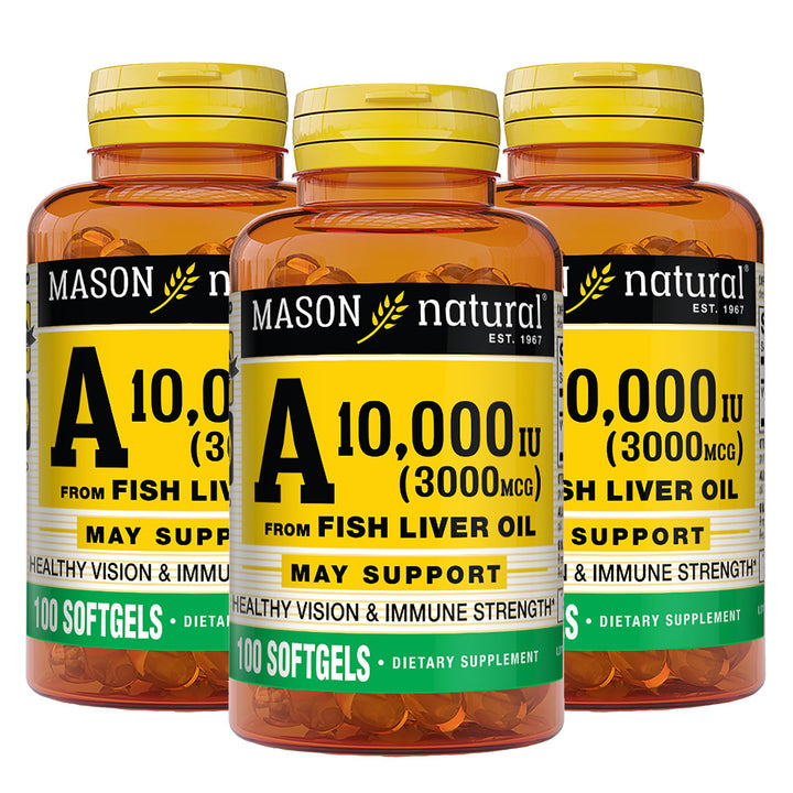 MASON NATURAL Vitamin A 3,000 mcg (10,000 IU) from Fish Liver Oil, Supports Vision & Immune Health, 100 Softgels, Pack of 3