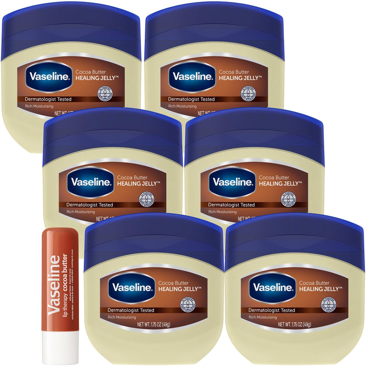 Vaseline Cocoa Butter Healing Jelly Travel-Size 6-Pack – Rich Moisturizing Ointment, Skin Protectant for Soothing Cracked, Dry Skin, 1.75 Oz Ea