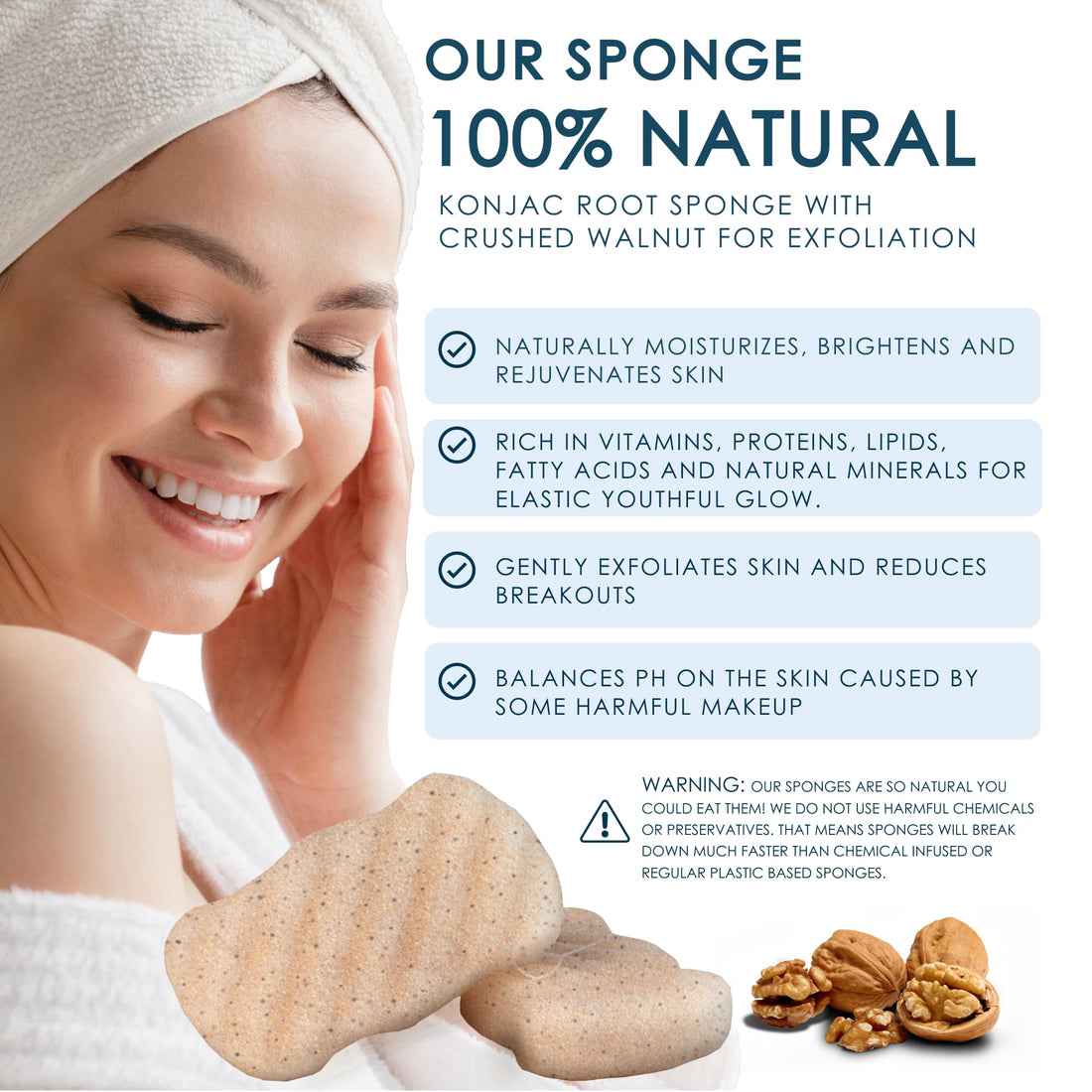Konjac Body Sponge (2 Pack) Exfoliating Crushed Walnut | 100% Natural & Dye Free | Non-Toxic | Biodegradable | Eco-Friendly | Plastic Free Packaging