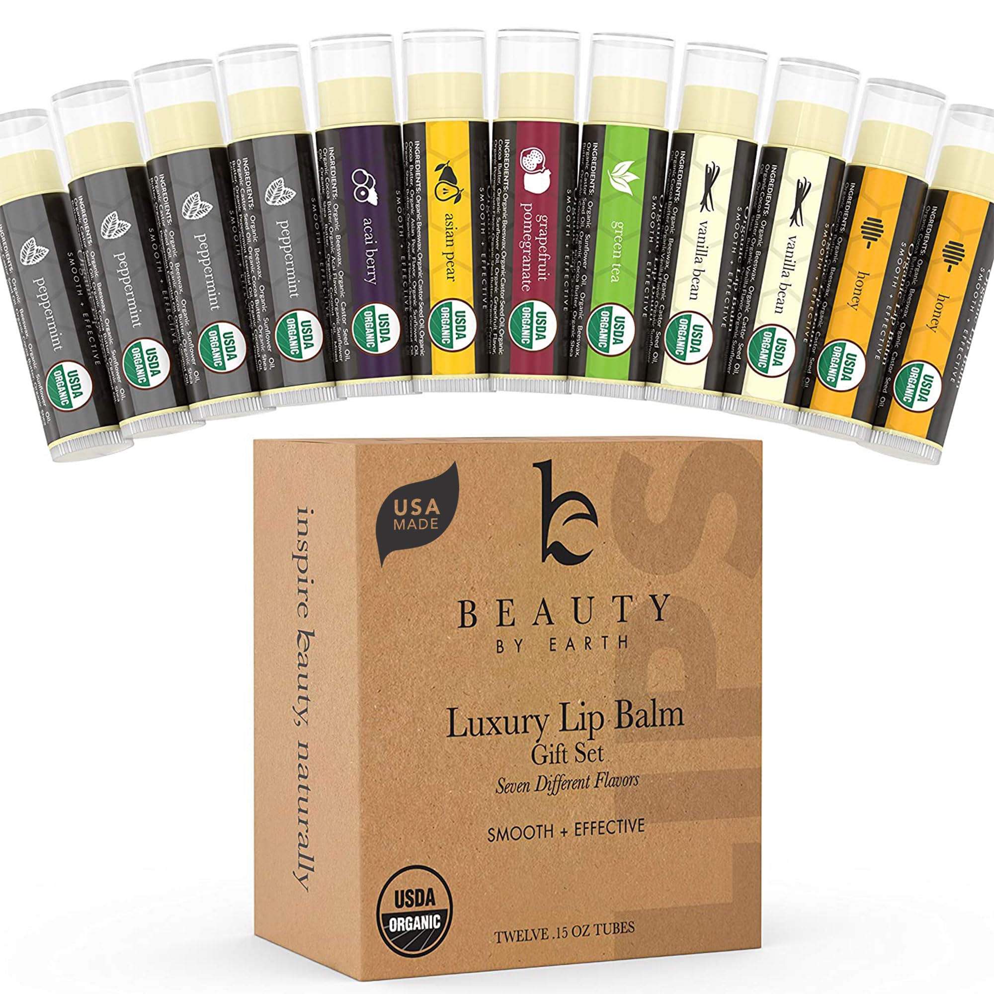 Beauty by Earth USDA Organic Lip Balm Set, 12 Pack of Natural Beeswax (Moisturizing Flavors - Peppermint, Green Tea, Acai Berry, Fruity Pear, Pomegranate, Vanilla, Honey)