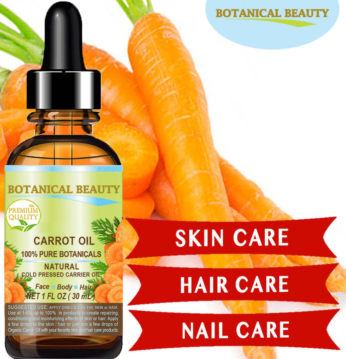 Botanical Beauty CARROT OIL 100% Natural Pure Botanicals Cold Pressed Carrier Oil 0.5 Fl. oz. - 15 ml. For Face, Body, Hair and Nail Care