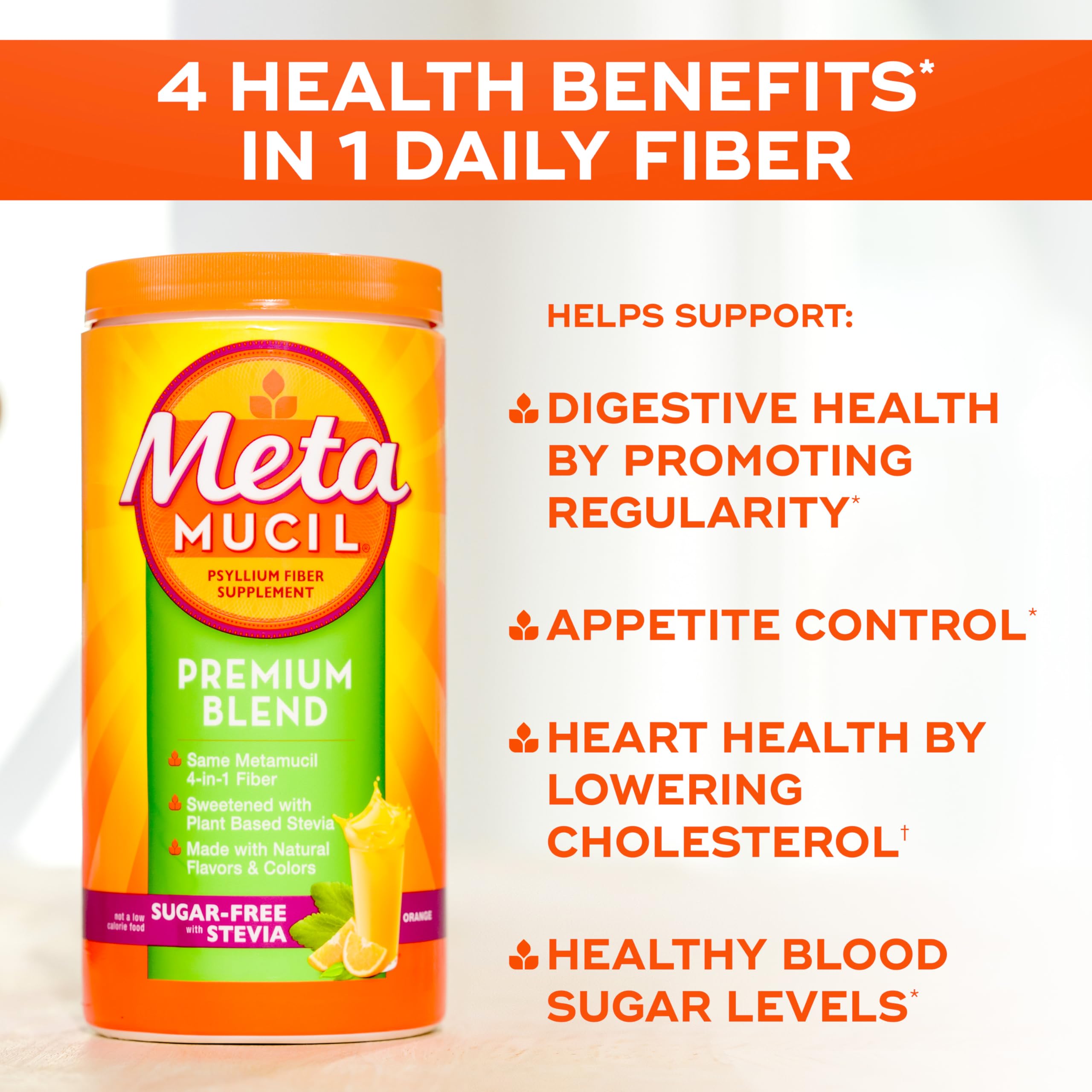 Metamucil Premium Blend, 4-in-1 Fiber Supplement for Digestive Health, Psyllium Husk Fiber Powder, Sugar-Free with Stevia, Plant-Based Fiber Supplement, Orange Flavored, 180 teaspoons