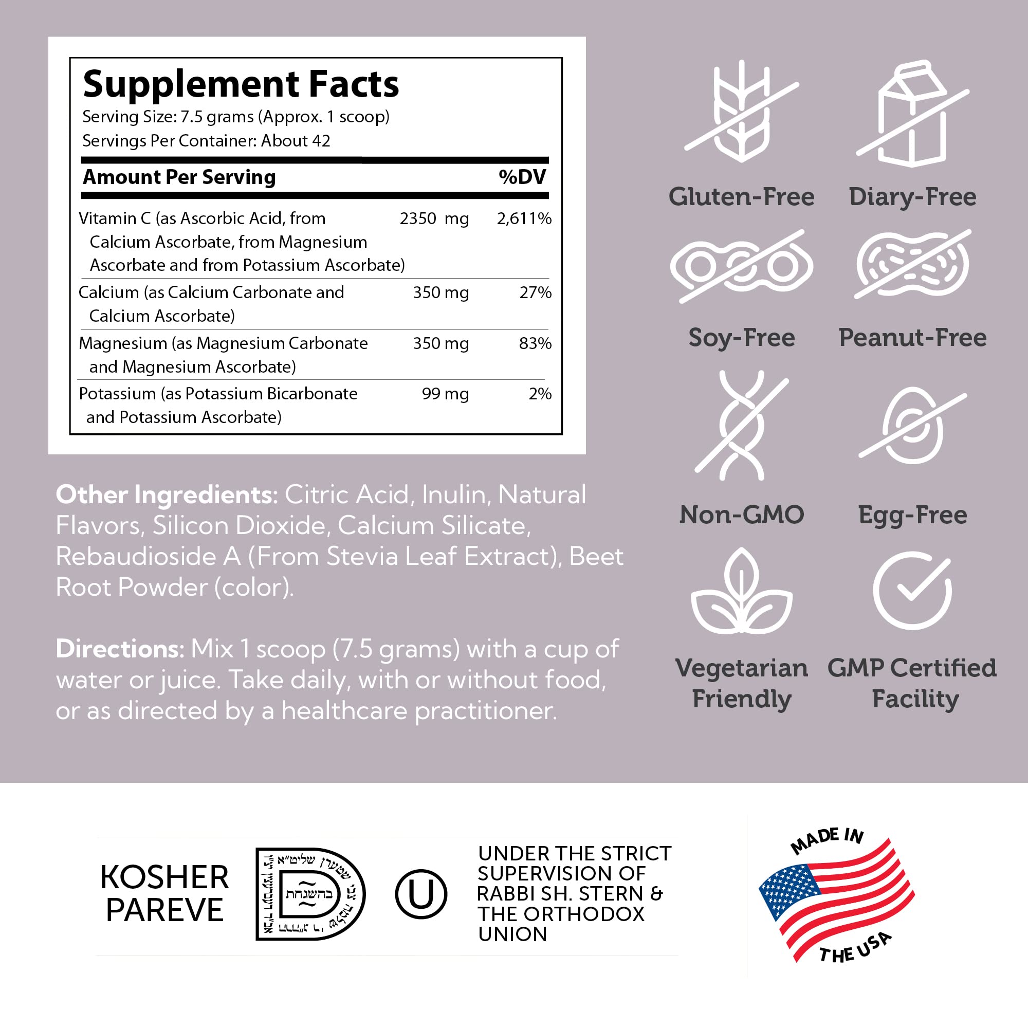 Zahler Buffered Vitamin C Powder - Ascorbic Acid Vitamin C with Calcium, Magnesium, Potassium Ascorbate Buffering Minerals - Kosher Berry Flavor Non-GMO Vitamin C Antioxidant Drink Mix - 11 Oz