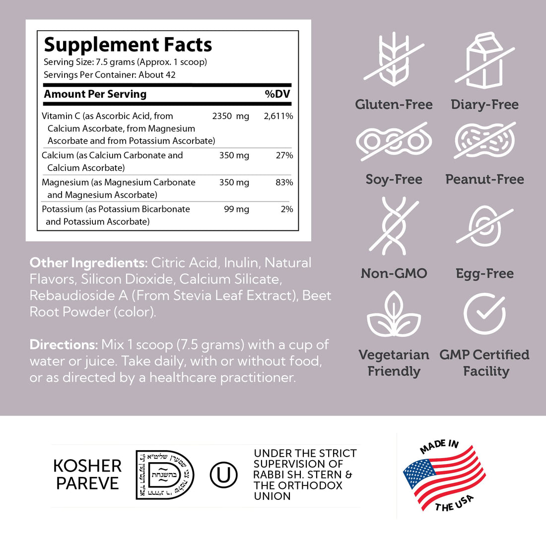 Zahler Buffered Vitamin C Powder - Ascorbic Acid Vitamin C with Calcium, Magnesium, Potassium Ascorbate Buffering Minerals - Kosher Berry Flavor Non-GMO Vitamin C Antioxidant Drink Mix - 11 Oz