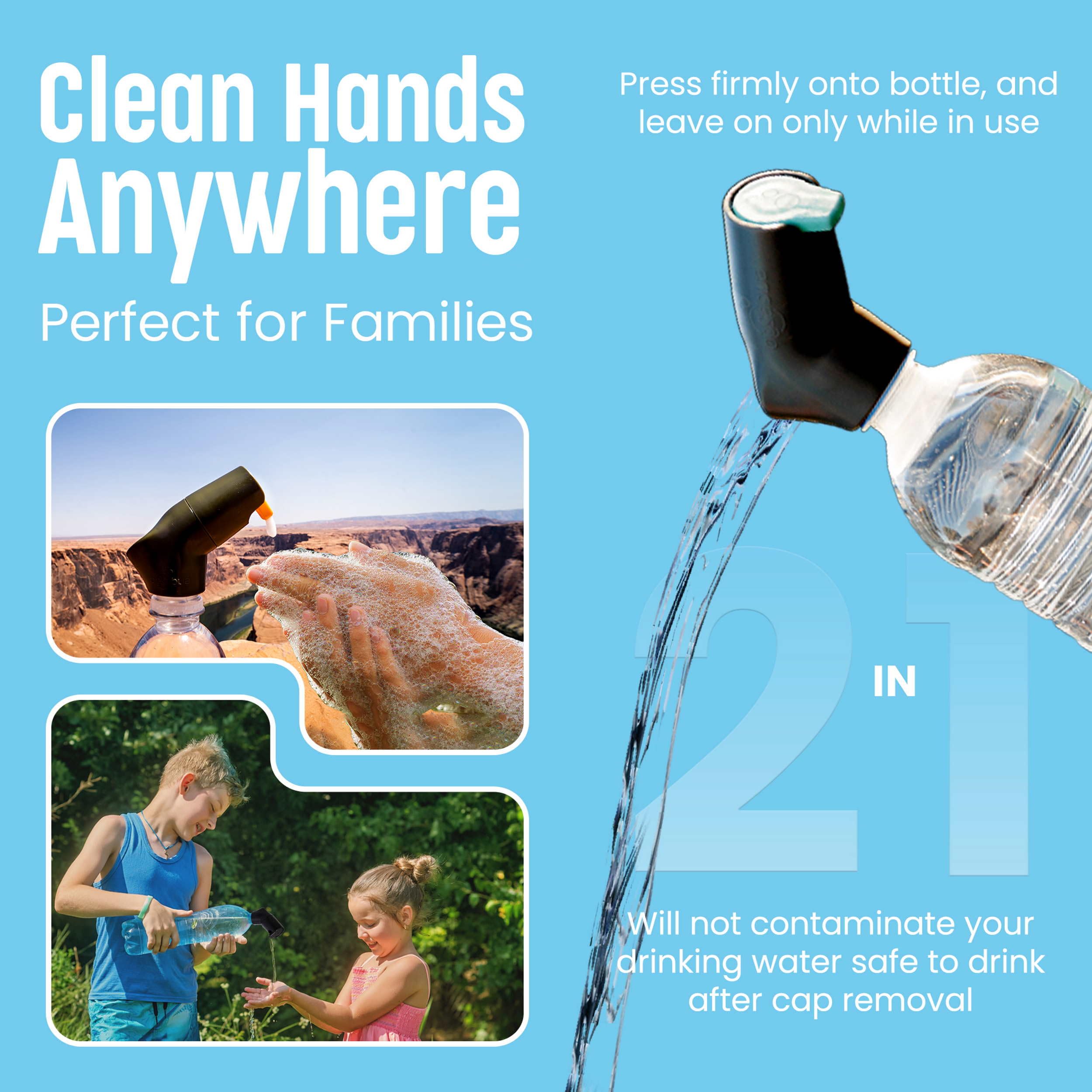Suds2Go Refillable Caps, 2 Pack - Universal Fit Turns Most Disposable Water Bottles Into A Hand Washing Station - Includes Refillable Soap Reservoir - Conveniently Sized to Take on The Go - Black