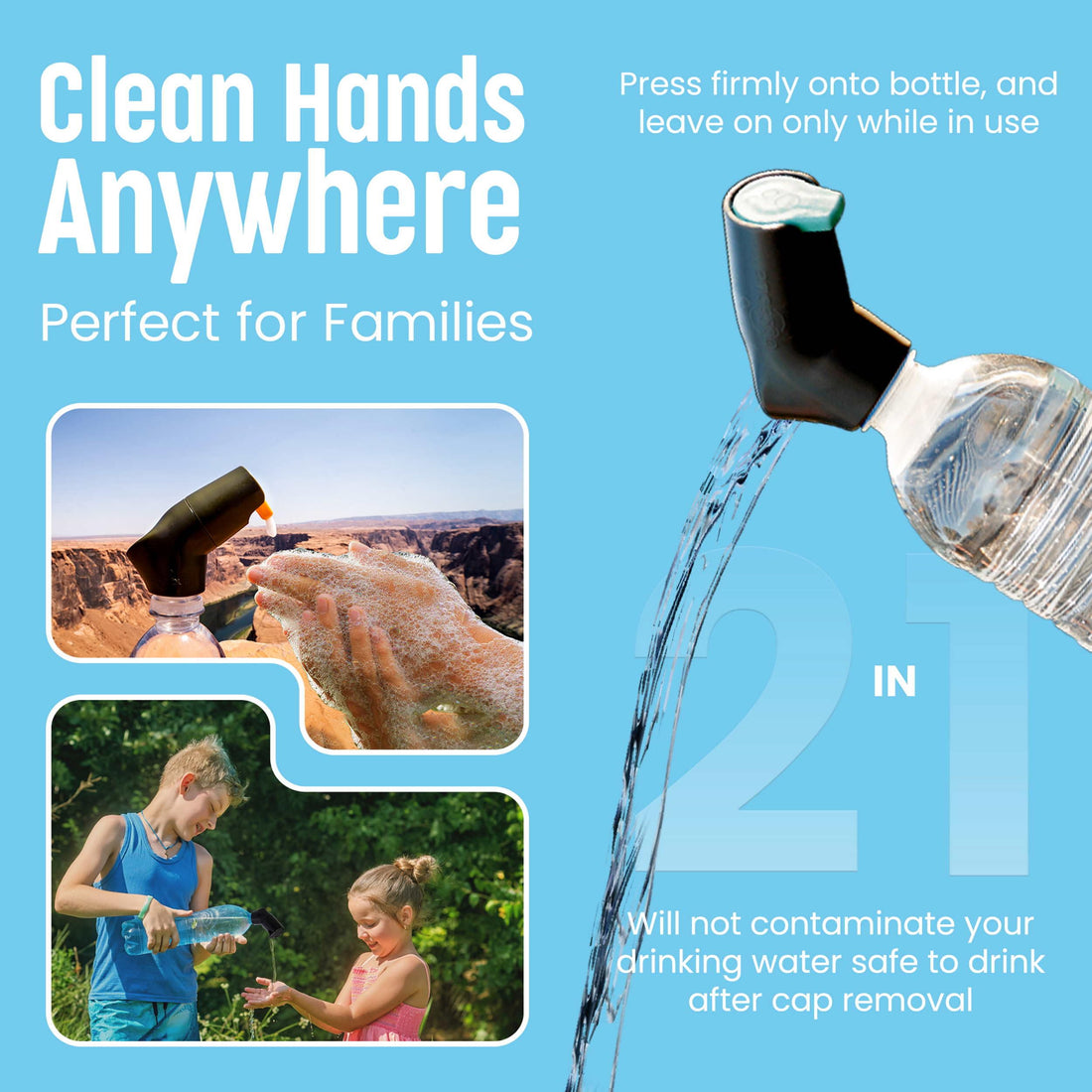 Suds2Go Refillable Caps, 2 Pack - Universal Fit Turns Most Disposable Water Bottles Into A Hand Washing Station - Includes Refillable Soap Reservoir - Conveniently Sized to Take on The Go - Black