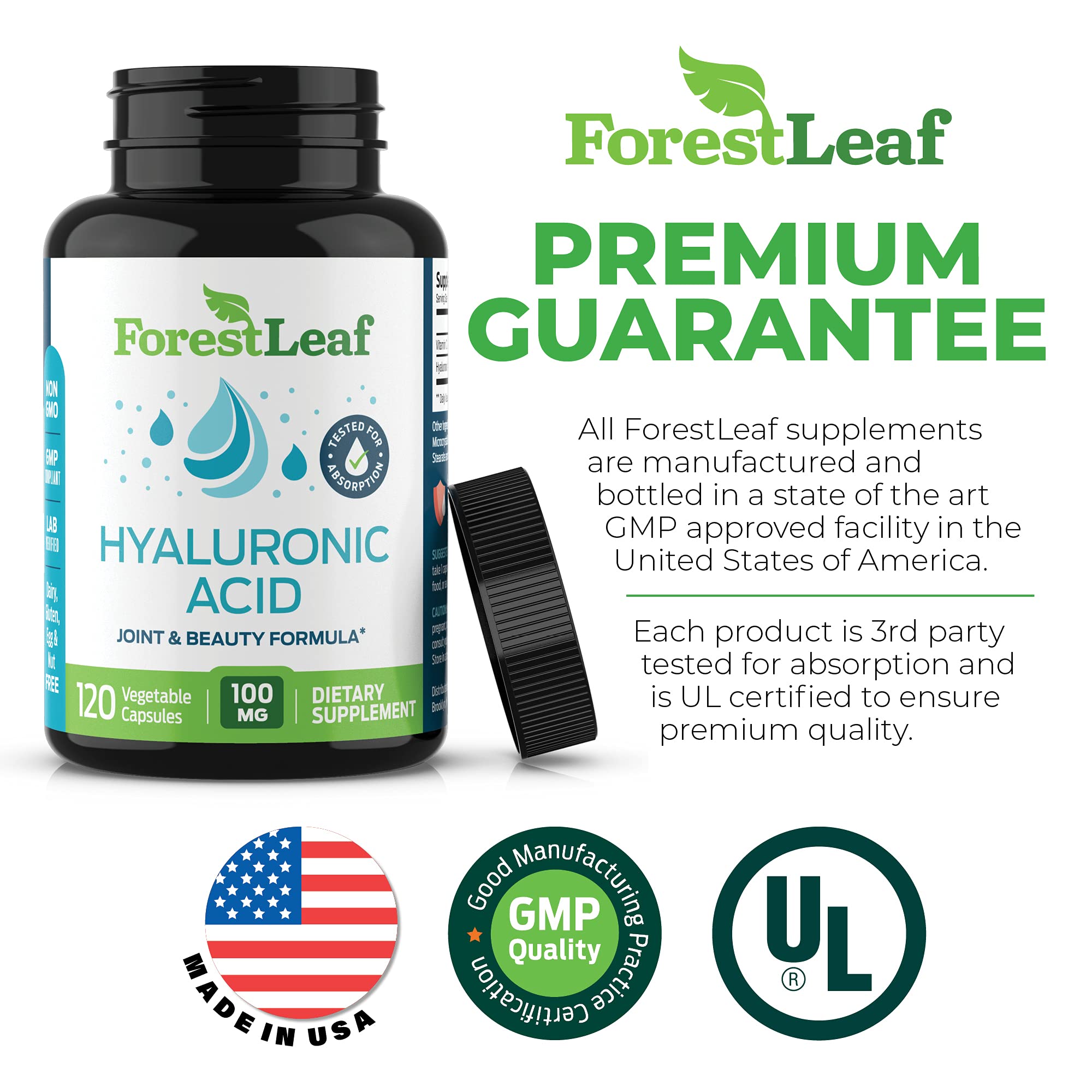 ForestLeaf - Hyaluronic Acid Supplements - 120 Vegetable Capsules - 100mg Dietary Hyaluronic Acid + 50mg Vitamin C Joint & Anti Aging Beauty Formula - Supports Skin Hydration, Joints, Bones & Hair