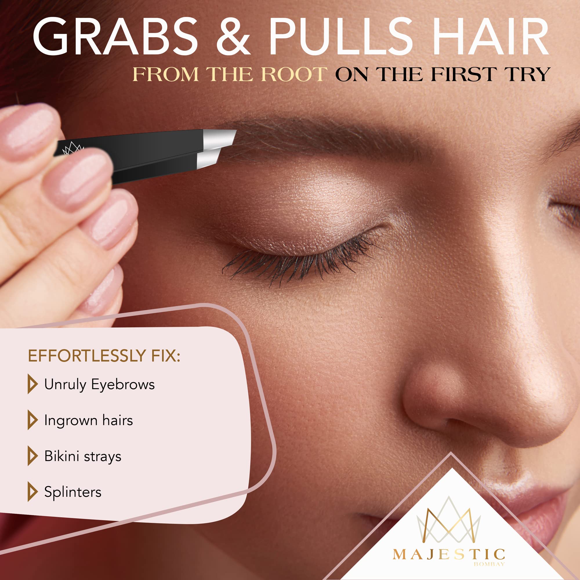 Black : Slant Tweezers - Majestic Bombay - Stainless Steel High Performance Eye Brows Slant Tweezer - Expert Precision Best for Plucking hair -Steel Ends Meet Perfectly- Life Time Guarantee !! (black)