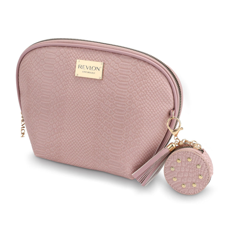 REVLON Croc Embossed Makeup Pouch, Small Makeup Pouch, Travel Makeup Organizer with Tassel & Mirror Keychain, Cosmetic Bag, Mini Makeup Case with Pockets, Gifts for Women, Ladies, or Teen Girls, Rose