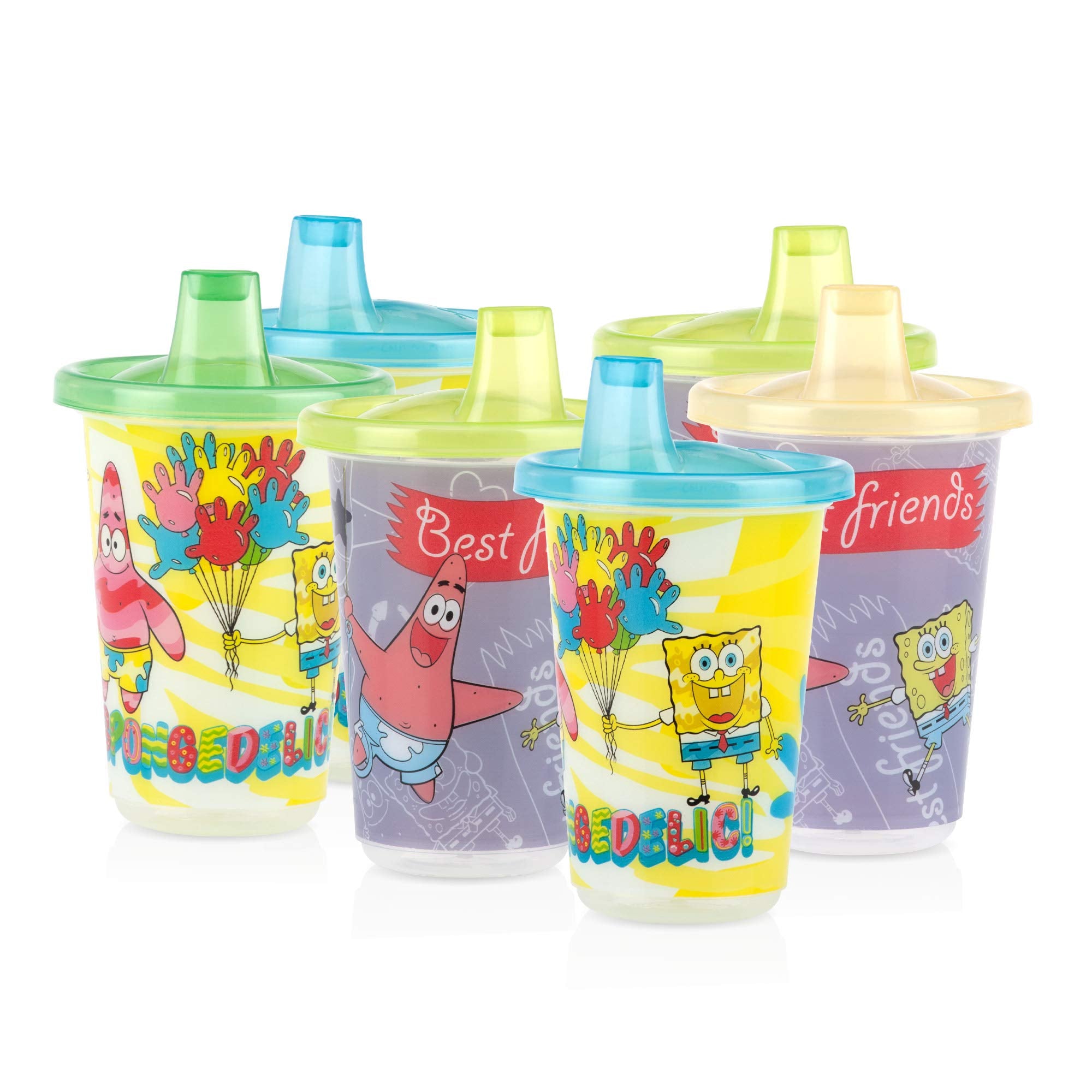 Nuby 6 Pack Polypropylene Wash or Toss Reusable Cups & Lids with Spout, Nickelodeon SpongeBob SquarePants, 10 oz.