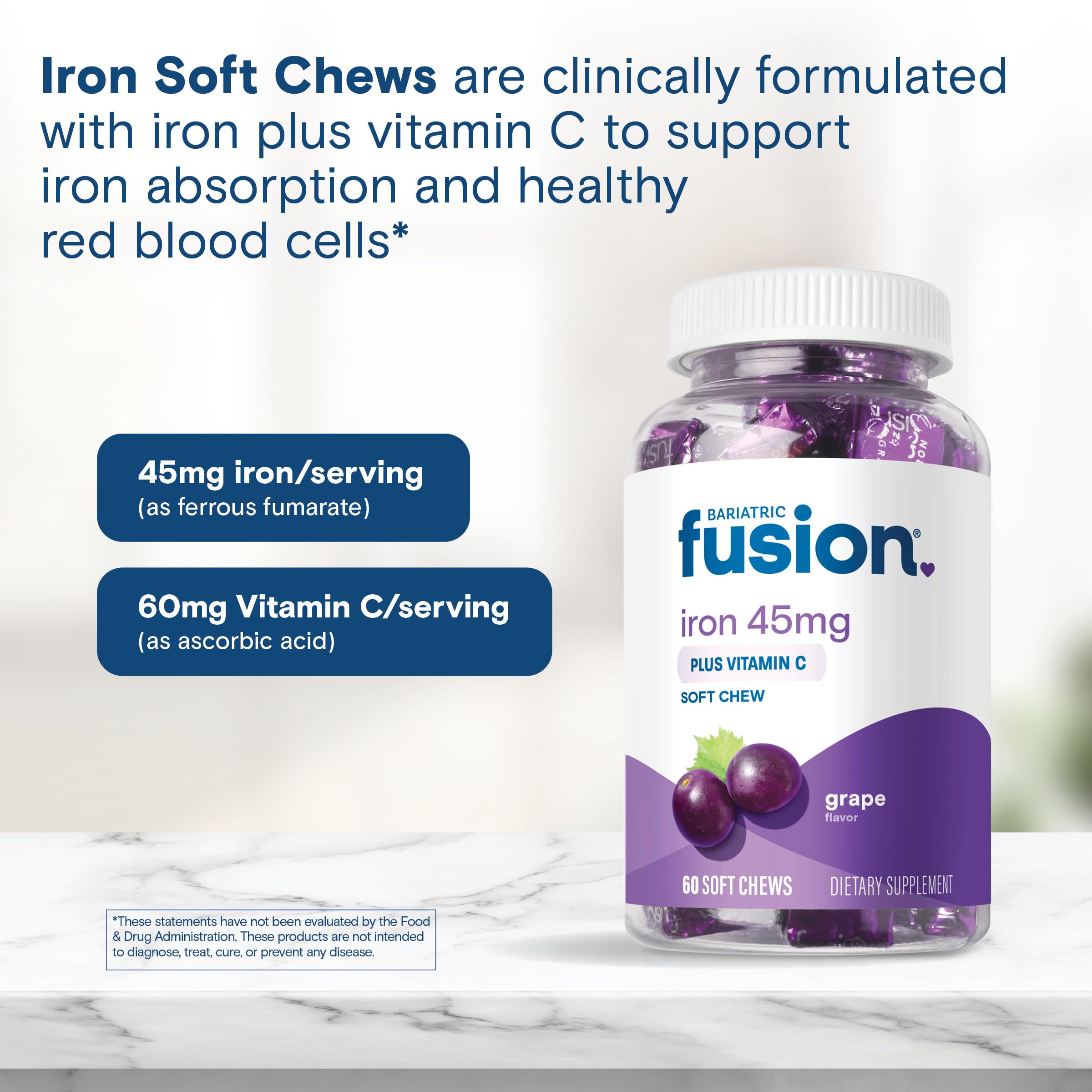 Bariatric Fusion Iron Supplement for Women with Vitamin C | Grape Flavored Soft Chew | Bariatric Iron Chewable Vitamin | Gentle on Stomach Ferrous Fumarate | 60 Count | 2 Month Supply