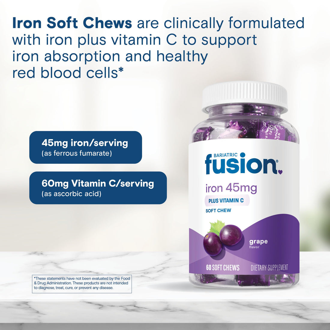 Bariatric Fusion Iron Supplement for Women with Vitamin C | Grape Flavored Soft Chew | Bariatric Iron Chewable Vitamin | Gentle on Stomach Ferrous Fumarate | 60 Count | 2 Month Supply