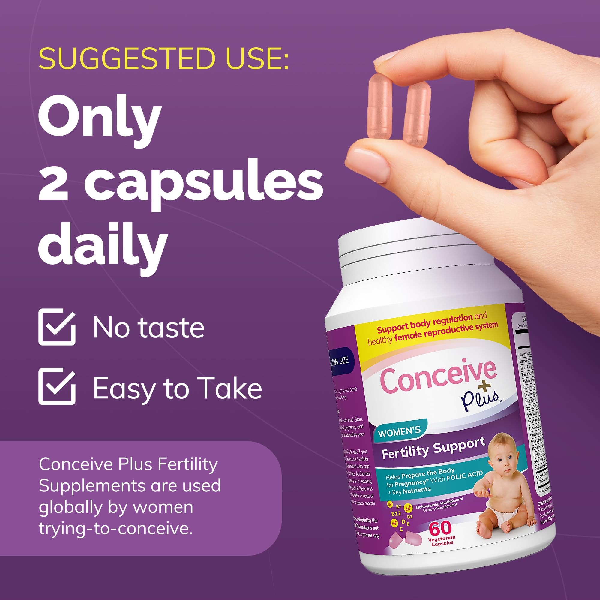 CONCEIVE PLUS Women's Fertility Support | Conception Vitamin Complex, Folic Acid, Zinc and Biotin | 30-Day Supply Fertility Supplement for Use When Trying to Get Prgenant | 60 Soft Capsules