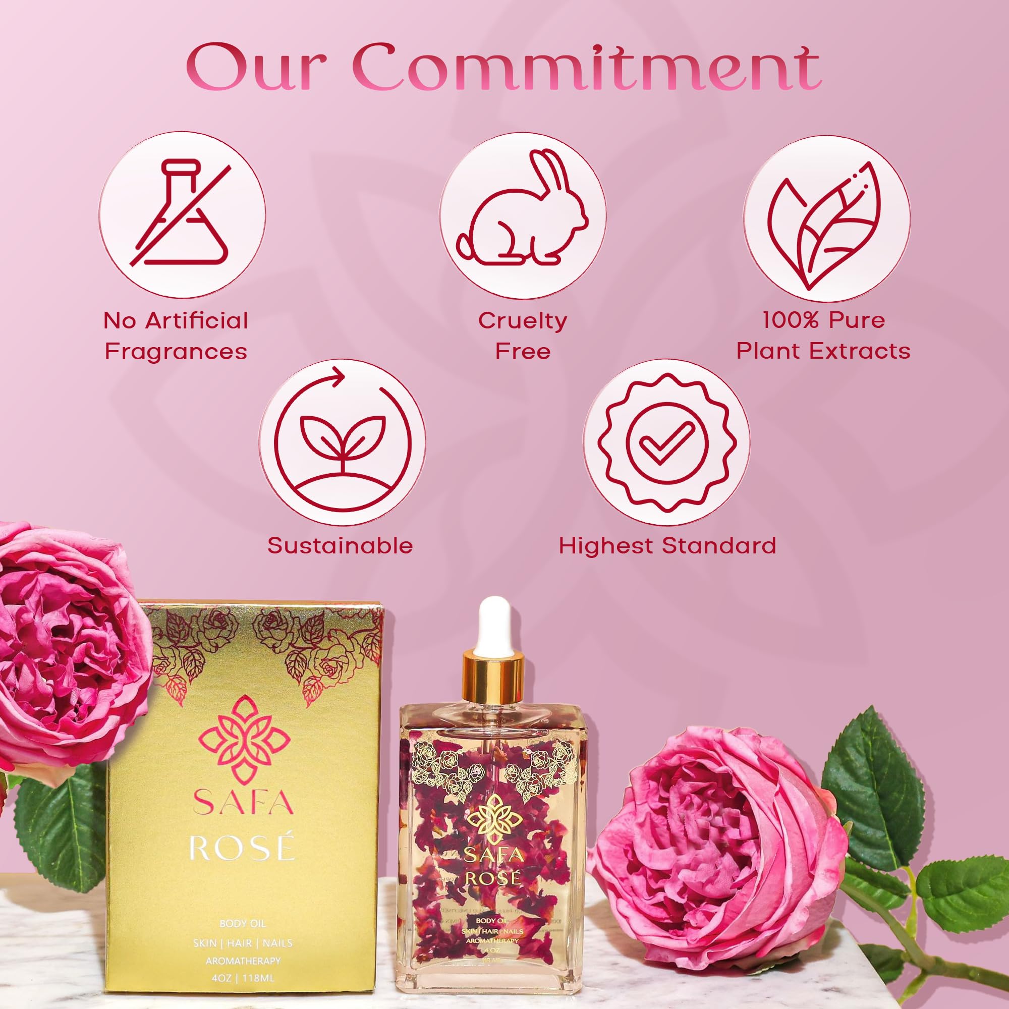 SAFA Rosé Oil - Organic Oil for Face, Body, Hair, Nails & Aromatherapy | Bulgarian Rose Essential Oil for Diffuser | After Shower Body Oil | Skin Moisturizer - 4 Fl Oz (1)