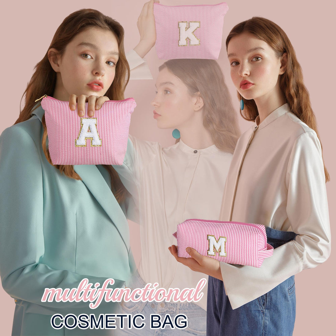 YOOLIFE Mothers Day Gifts for Women | Personalized Initial Makeup Bag | Pink Cosmetic Bag Travel Bag | 11 12 13 14 15 16 Years Old Girl Gifts Graduation Teacher Gifts Teen Girl Gifts Trendy Stuff A