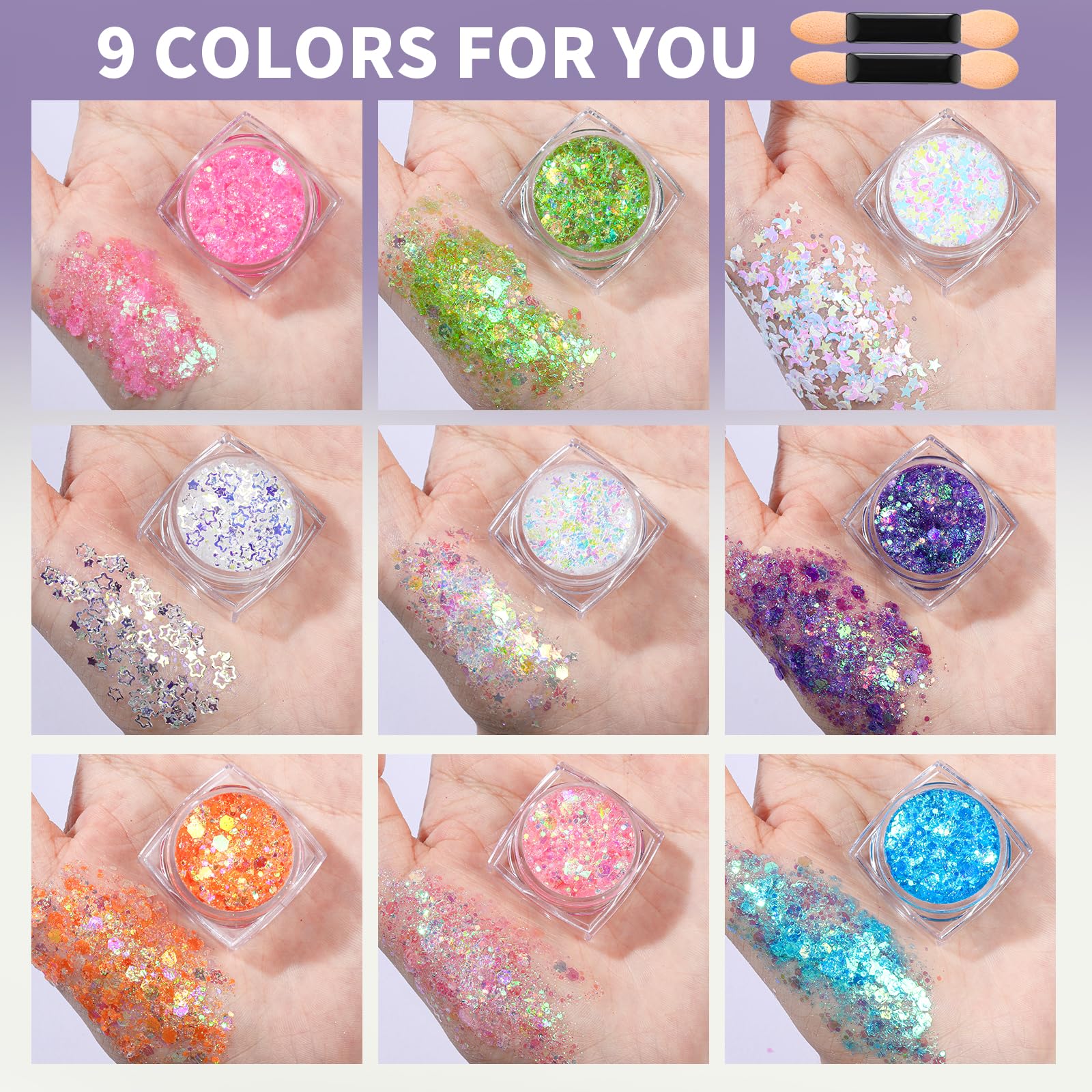 Teenitor Face Glitter, Body Glitter Gel Set, 9 Colors Makeup Gel Glitter for Face and Body, Hair Glitter for Festival Party Cheer