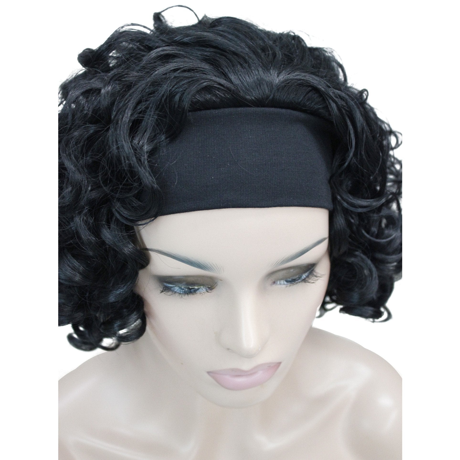 #1 Jet Black : Lydell Short Super Curly Dark Brown Synthetic HEADBAND Wig (#1 Jet Black)