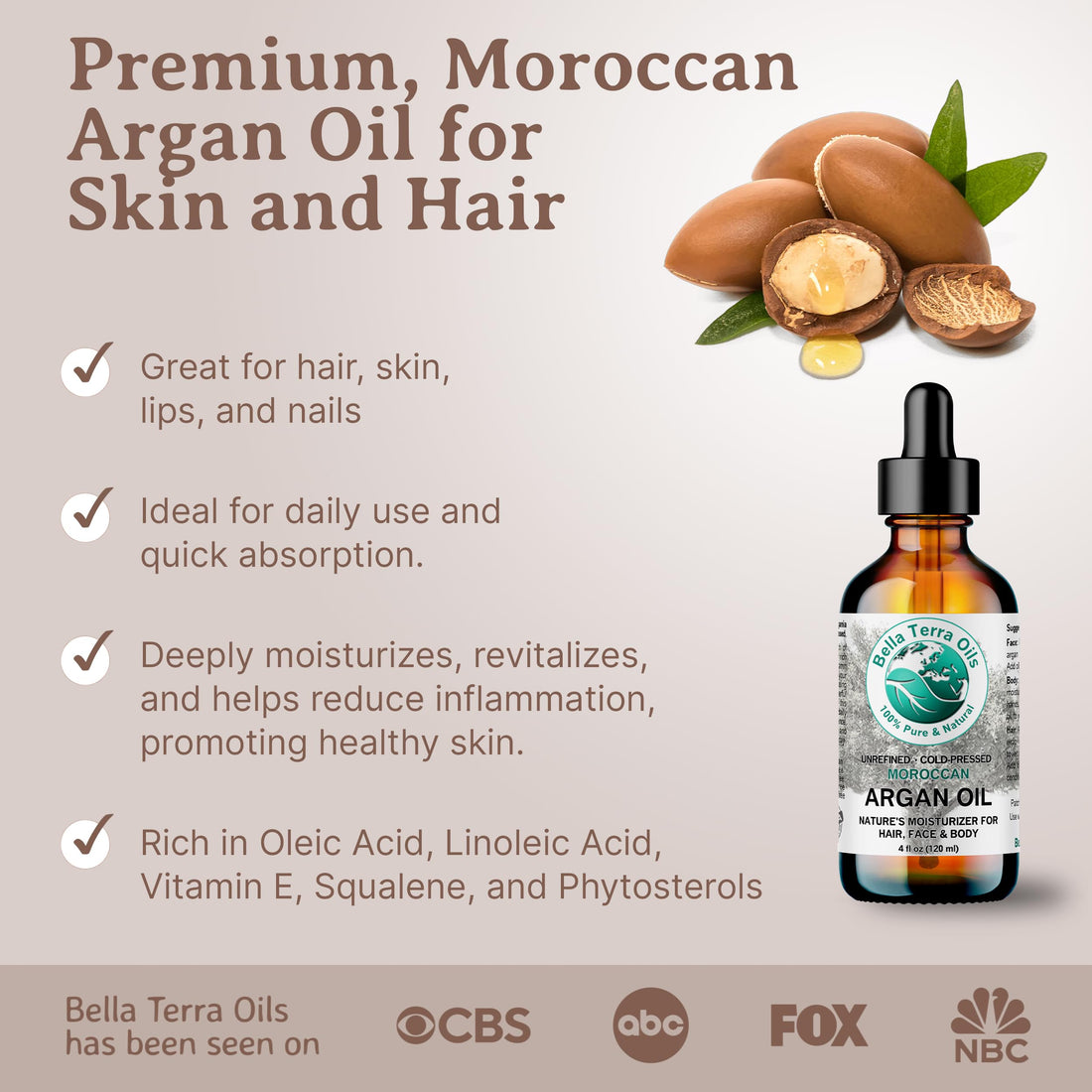 Bella Terra Oils - Argan Oil 4 oz - Embrace Silky Hair with Argan Oil for Hair, Harvested Pure, Enriched with Natural Antioxidants & Essential Minerals