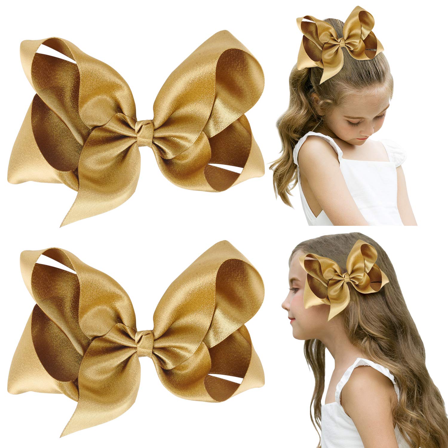 DEEKA 2 PCS 6 Big Hand-made Shiny Glitter Ribbon Hair Bows Alligator Clips Hair Accessories for Little Teen Toddler Girls Kids Set of 2 -Gold