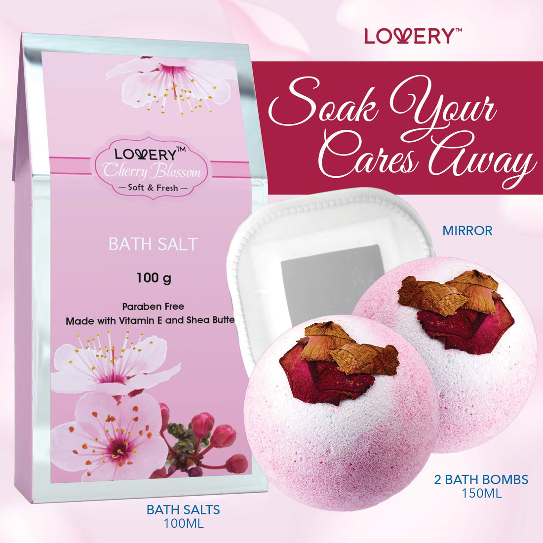 LOVERY Christmas Gifts - Bath And Body Gift Basket For Women â€“ Cherry Blossom Home Spa Set With Fragrant Lotions, 2 Extra Large Bath Bombs, Mirror And Silver Reusable Travel Cosmetics Bag