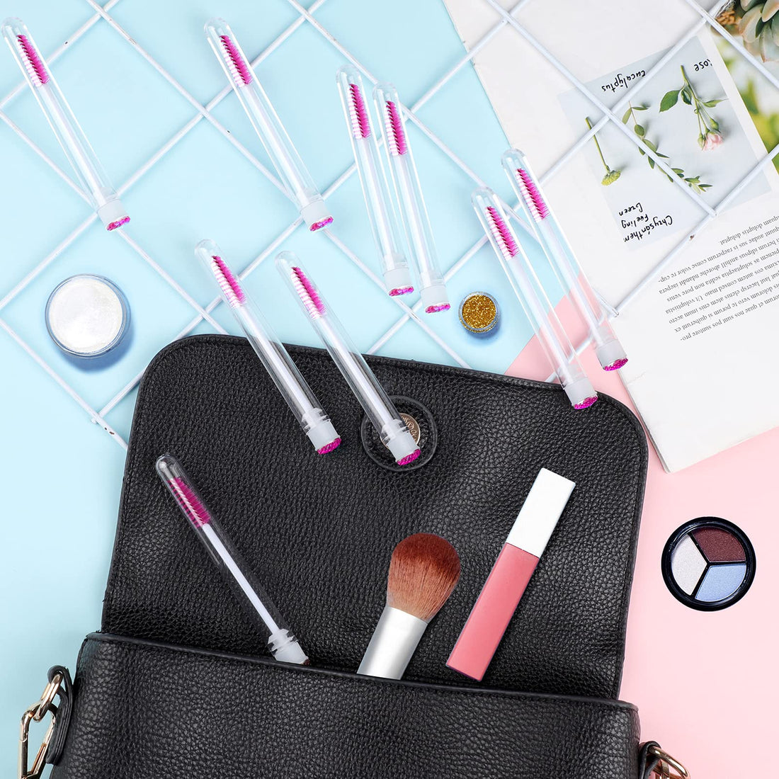 Dming 50pcs Eyelash brush Lash Wand Makeup tool Eyelash Extension supplies Cleaning brush Diamond Mascara scale d pink