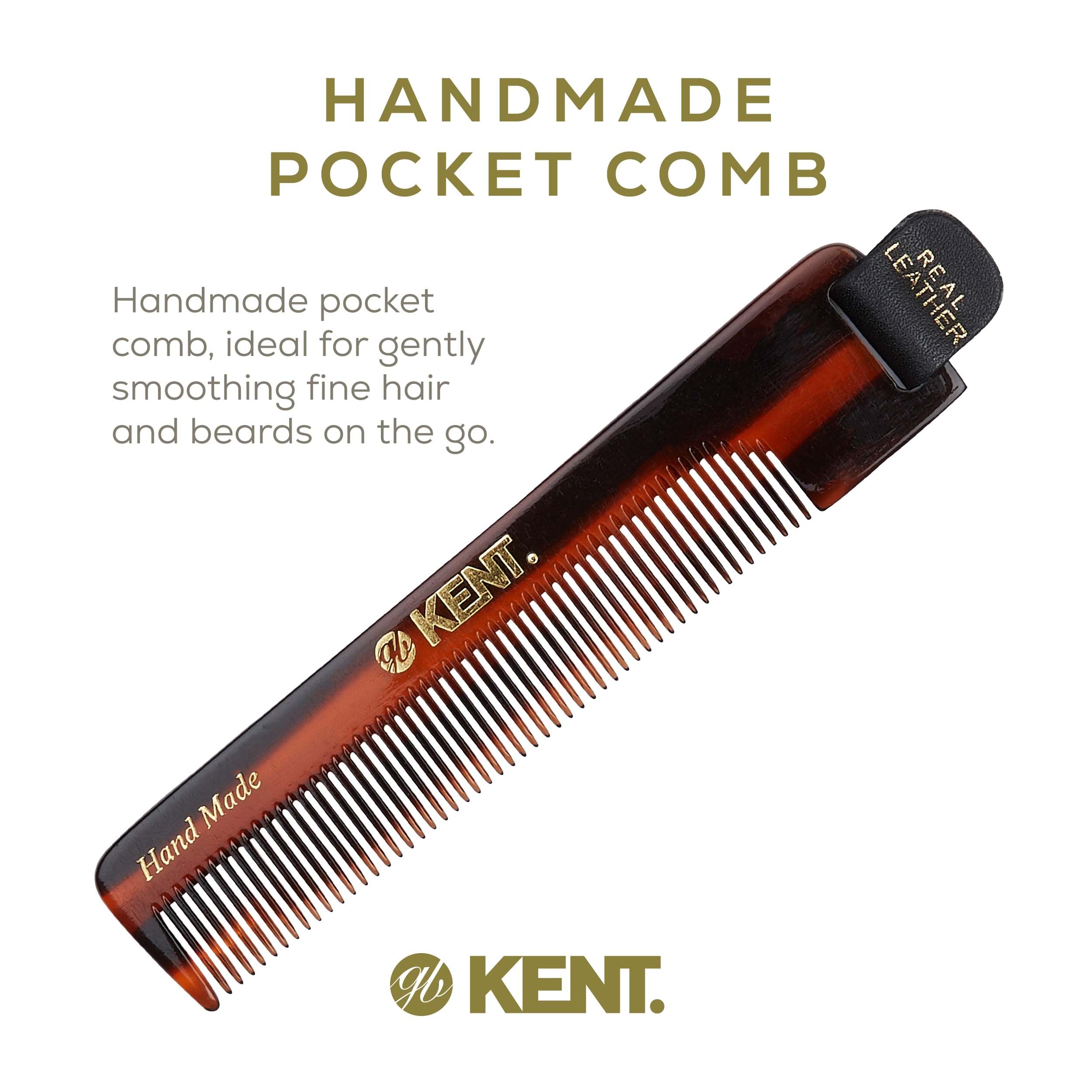 Kent Authentic Handmade Fine Comb With Leather tab and Leather Case, Dark Brown, 120mm