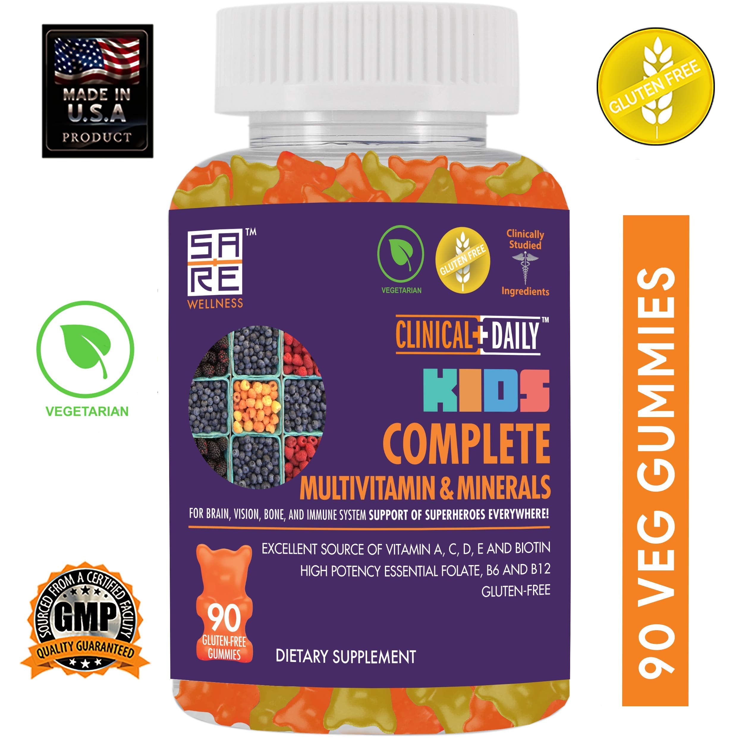 Clinical Daily Complete Kids Multivitamin Daily Gummy Supplement for Brain, Vision, Bone and Immune Health. Vitamins A, C, E,D,B6,B12, Folate, Biotin, Essential Minerals. 90 Gluten Free Yummy Gummies
