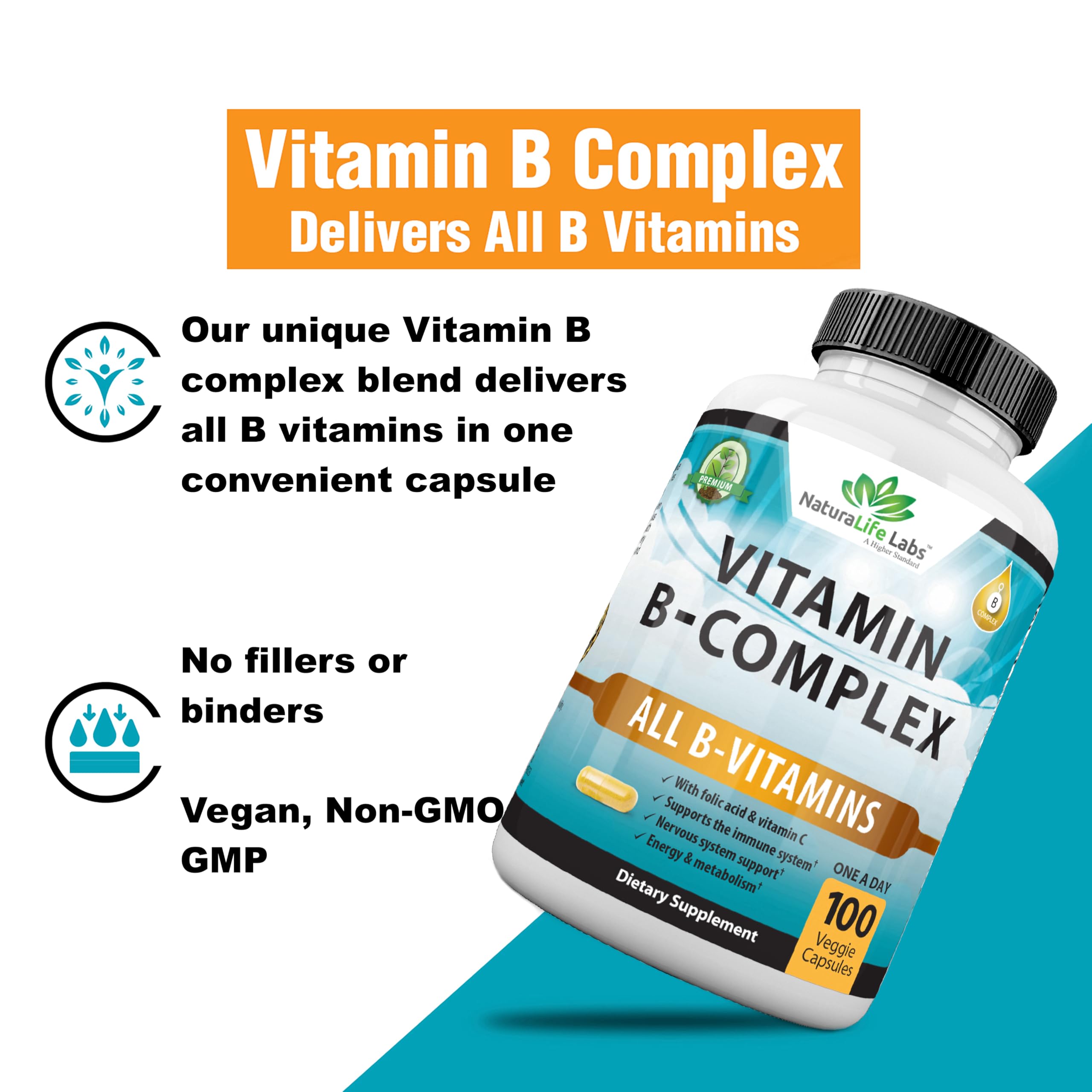 NaturaLife Labs A Higher Standard Vitamin B Complex with Vitamin C and Folic Acid - B12, B1, B2, B3, Vitamin B5 Pantothenic Acid, B6, B7, B9 - Nervous System Support 100 Veggie Capsules