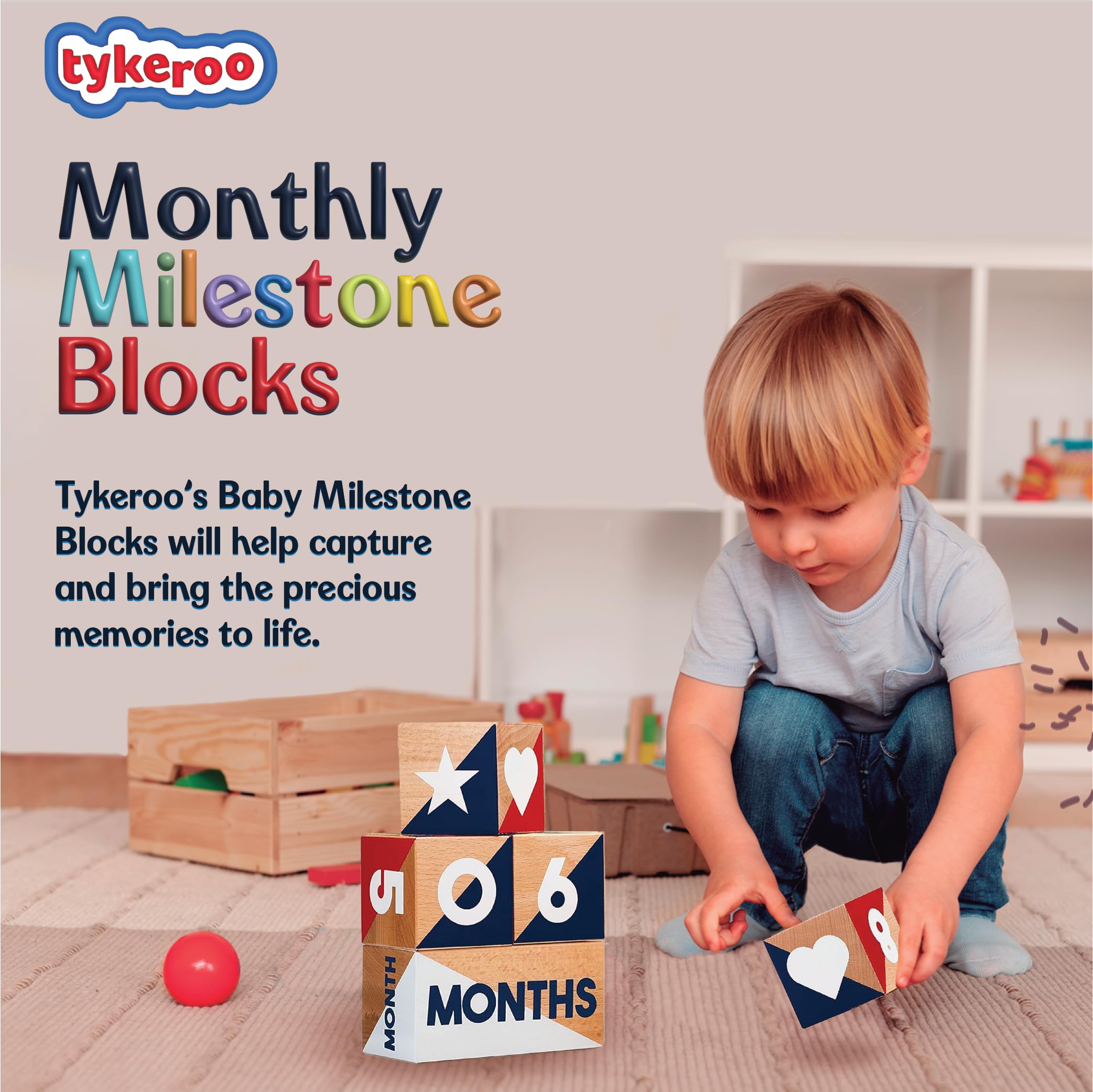 Tykeroo Baby Monthly Milestone Blocks — Cute Nursery Decor — Lovely Newborn Photography Props — Baby Shower Gifts (Red, White & Blue)