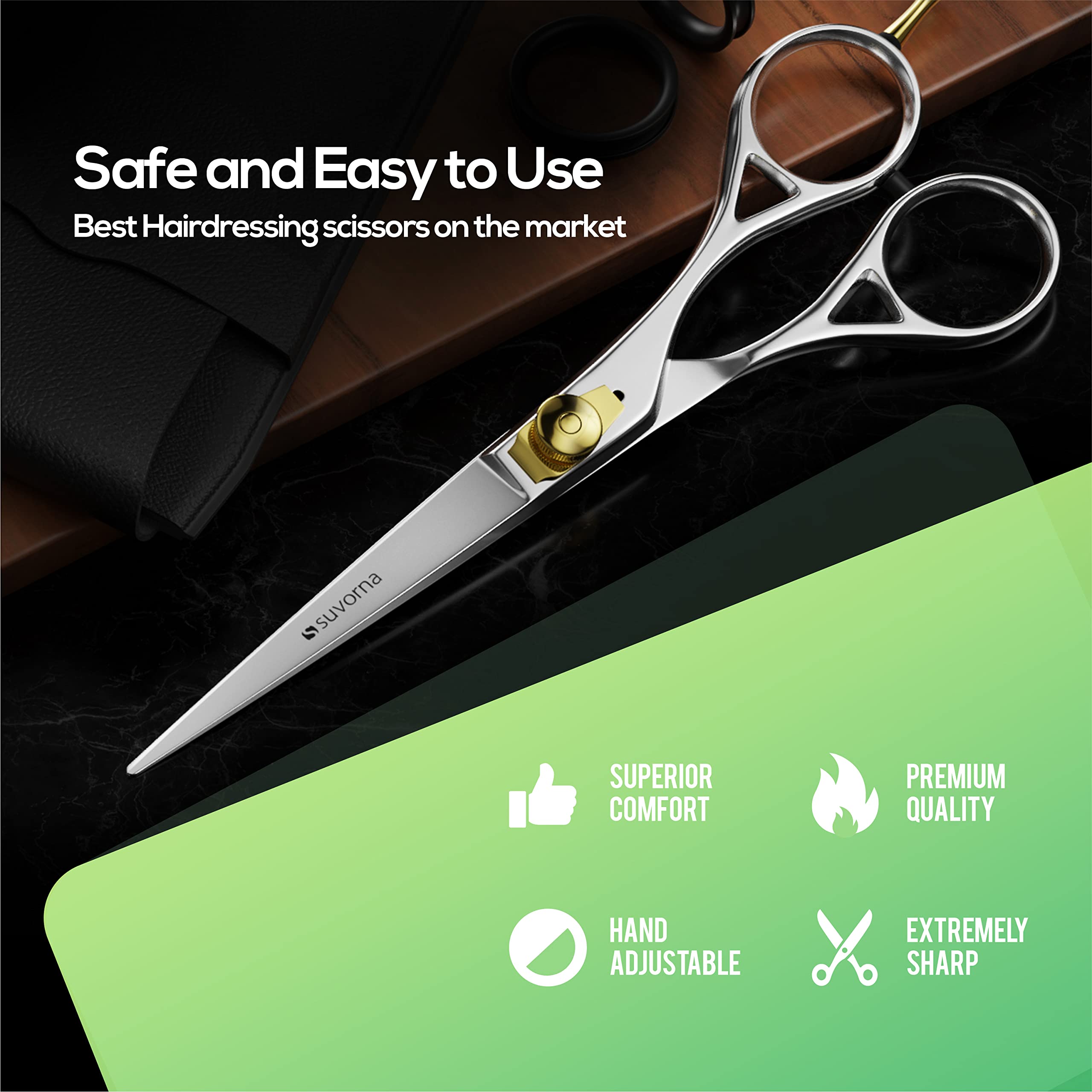 Suvorna Professional Barber Razor Edge Hair Cutting Shears Scissors Razeco E95, Polished Steel, 5.6 Ounce