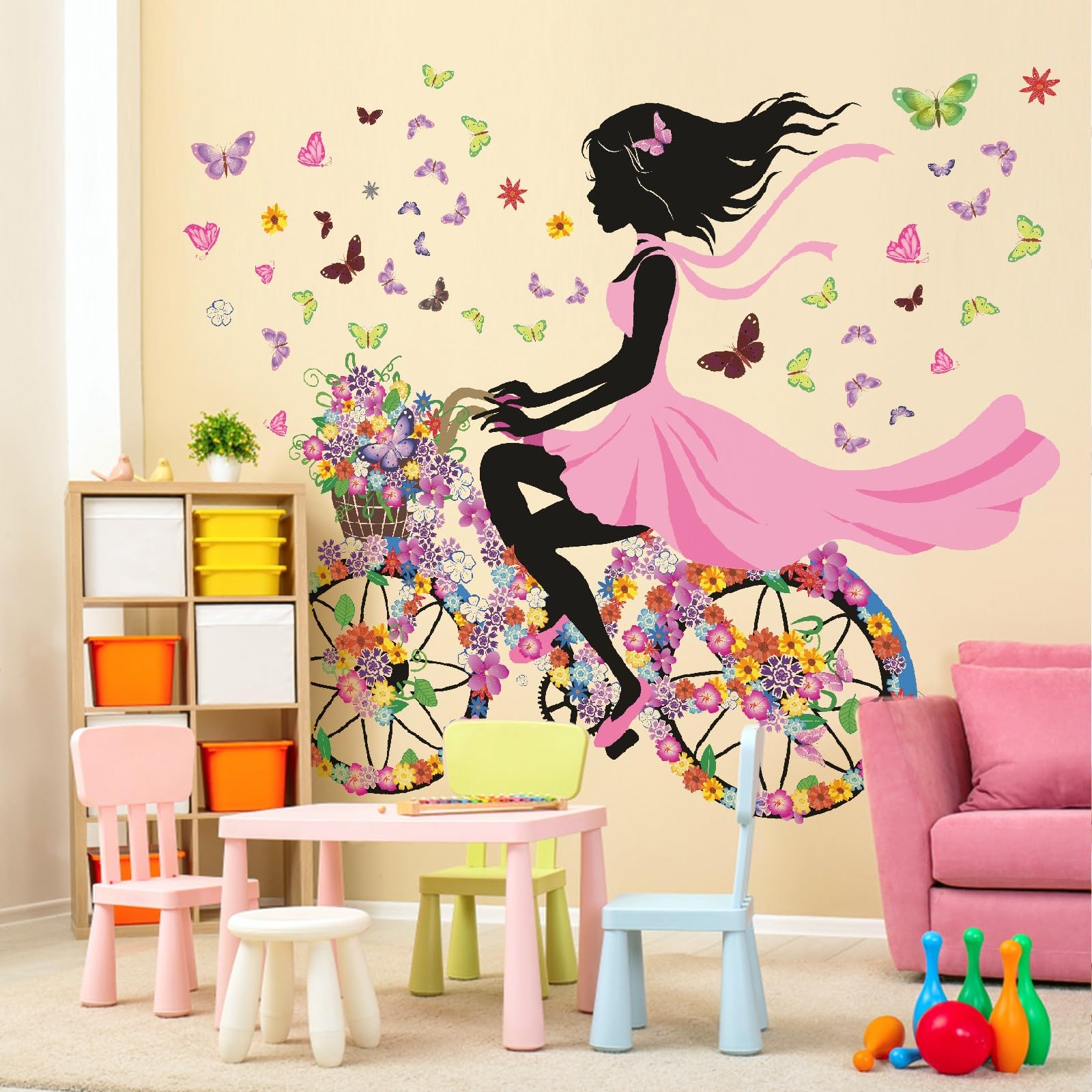 DEKOSH Girl Wall Decals for Kids Room | Wall Art Stickers with Butterflies and Flowers for Girls Bedroom Decor | Peel and Stick Girls Room Decorations for Nursery or Playroom