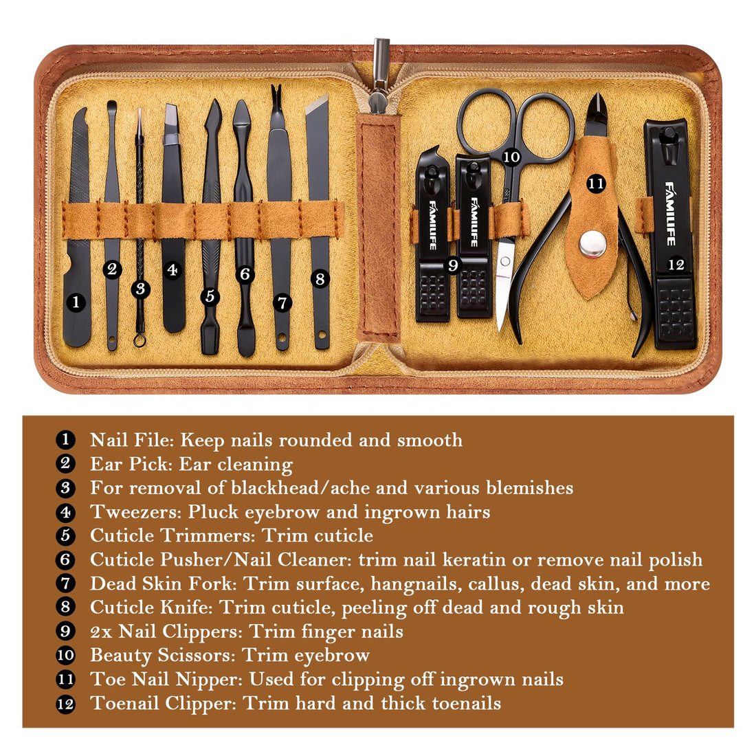 FAMILIFE Manicure Set, Professional Manicure Kit Nail Clippers Set 13pcs Stainless Steel Pedicure Tools Kit Grooming Kit with Portable Brown Leather Travel Case for Women Girl Men