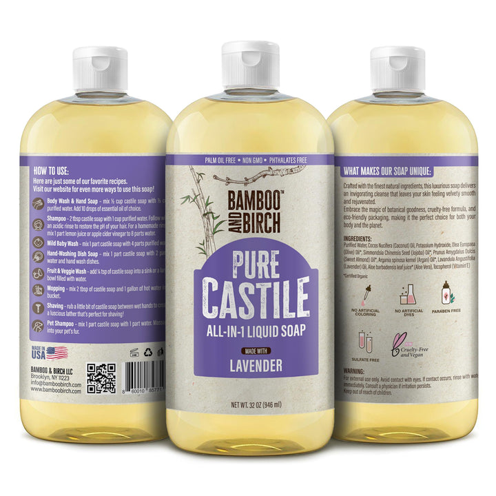 BAMBOO AND BIRCH Pure Castile Soap Liquid Organic, Certified Palm Oil Free Natural Soap, Lavender, 32 oz