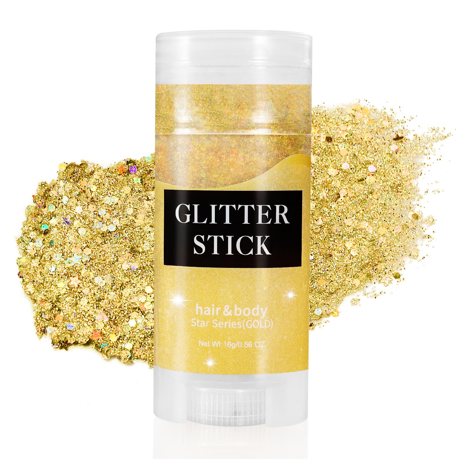 Mysense Gold Body Glitter Stick, Mardi Gras Face Glitter Makeup, Festival Rave Accessories for Women, Mermaid Sequins Chunky Glitter Face Paint, Hair Glitter Gel for Kids, 0.56oz
