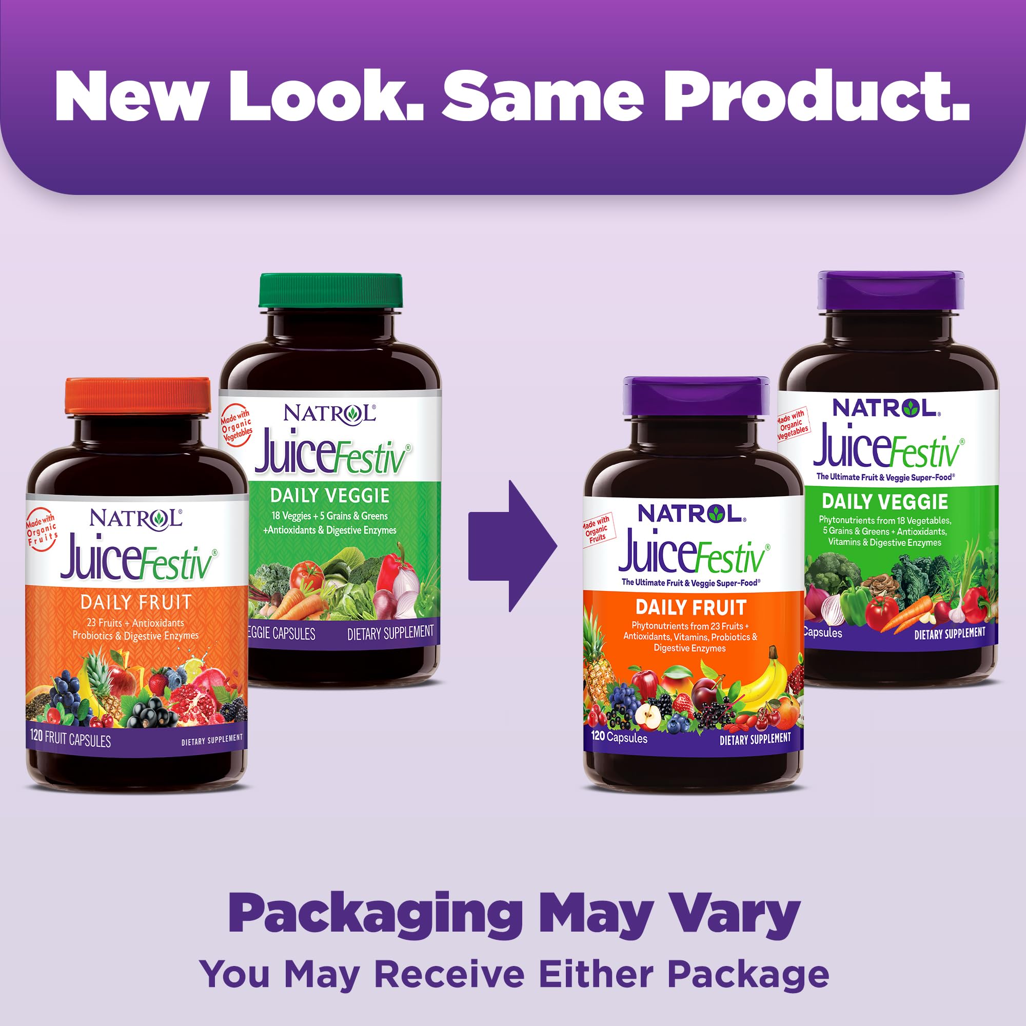 Natrol JuiceFestiv Daily Fruit & Veggie with SelenoExcell and Whole-Food [Phyto]Nutrients, Dietary Supplement Supports Better Nutrition (& overall well-being), 120 Capsules (Pack of 2), 60 Day Supply