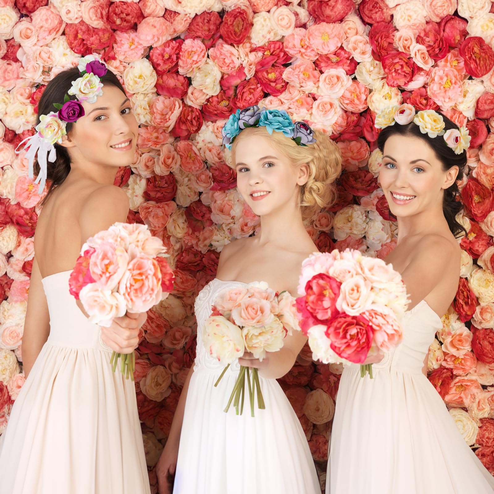REVEW 3PCS Handmade Flower Headband Floral Crown, Bridal Hair Wreath Wedding Halo Floral Garland Headbands Headpiece With Ribbon For Wedding Party Photo Props