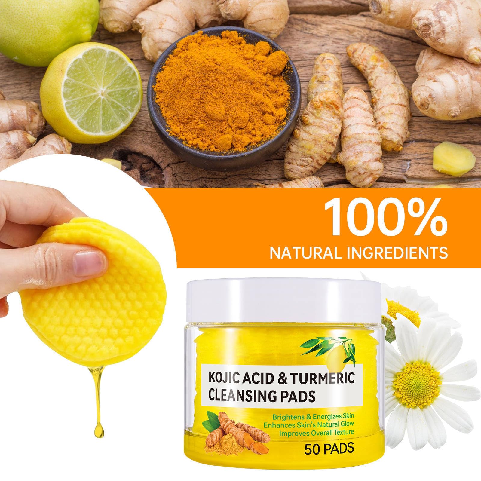 Turmeric Face Scrub Cleansing Pads, Turmeric Glow Wash - Exfoliating Helps Balance Skin. (50 Pcs)