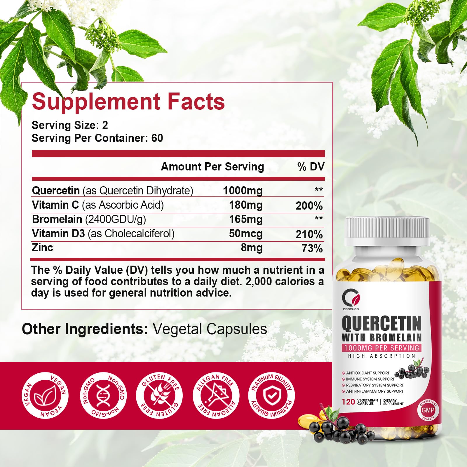 Quercetin with Bromelain 1000mg 120 Capsules with Vitamin C & D3, Zinc, Immune Support Supplement, Quercetin Supplements with Bromelain, Supports Respiratory System, Veg, Non-GMO & Gluten Free