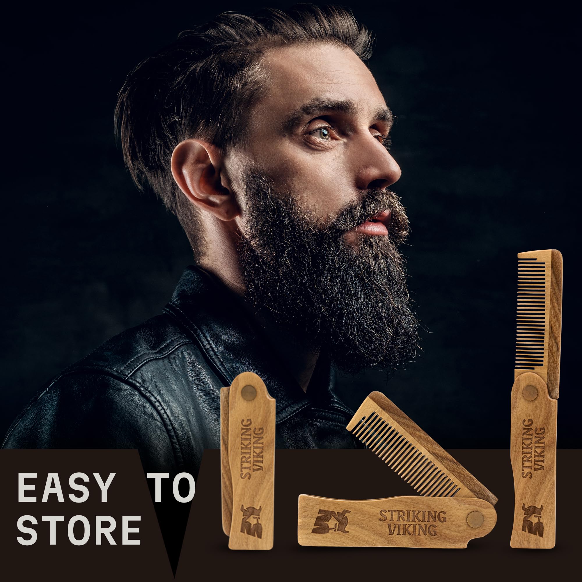 Folding Wood Comb by Striking Viking - Anti-Static Wooden Styling Comb for Men