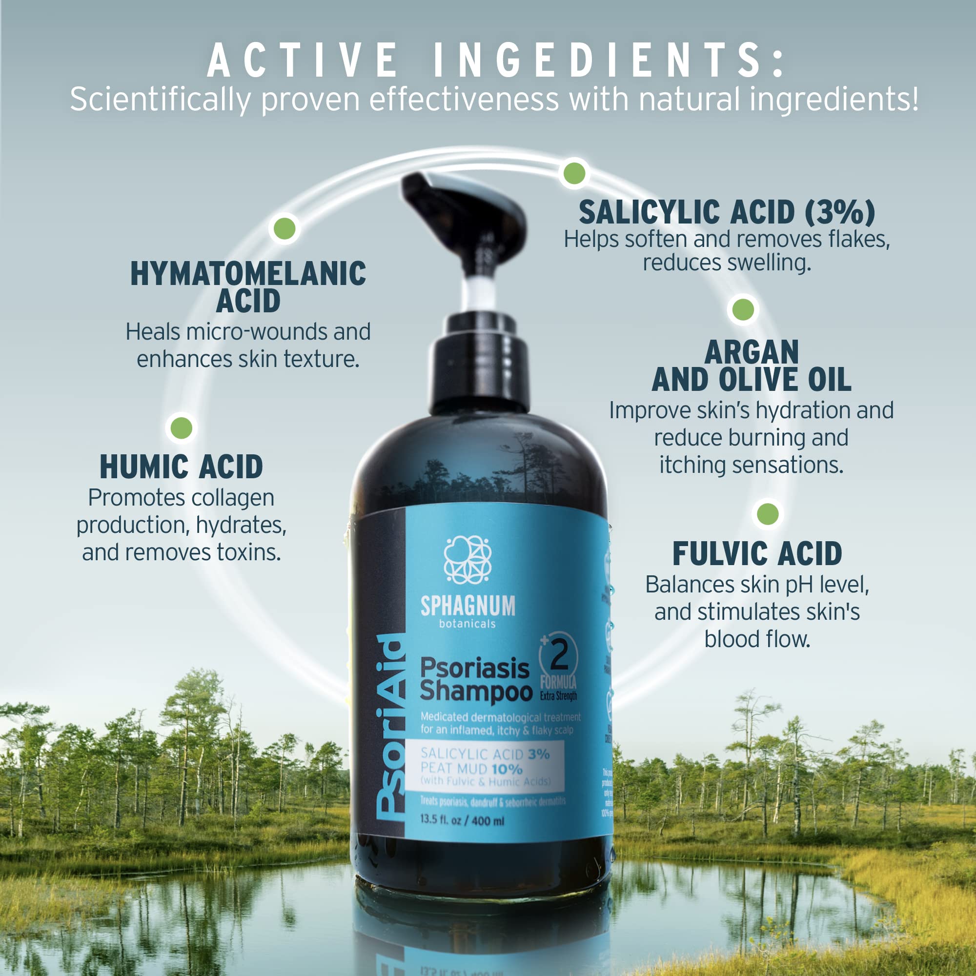 Sphagnum Botanicals Medicated Psoriasis Shampoo and Conditioner Set - Salicylic Acid 3% and Peat Mud Shampoo together with Argan and Olive Oil Condtioner. 2 x 13.5 fl. Oz