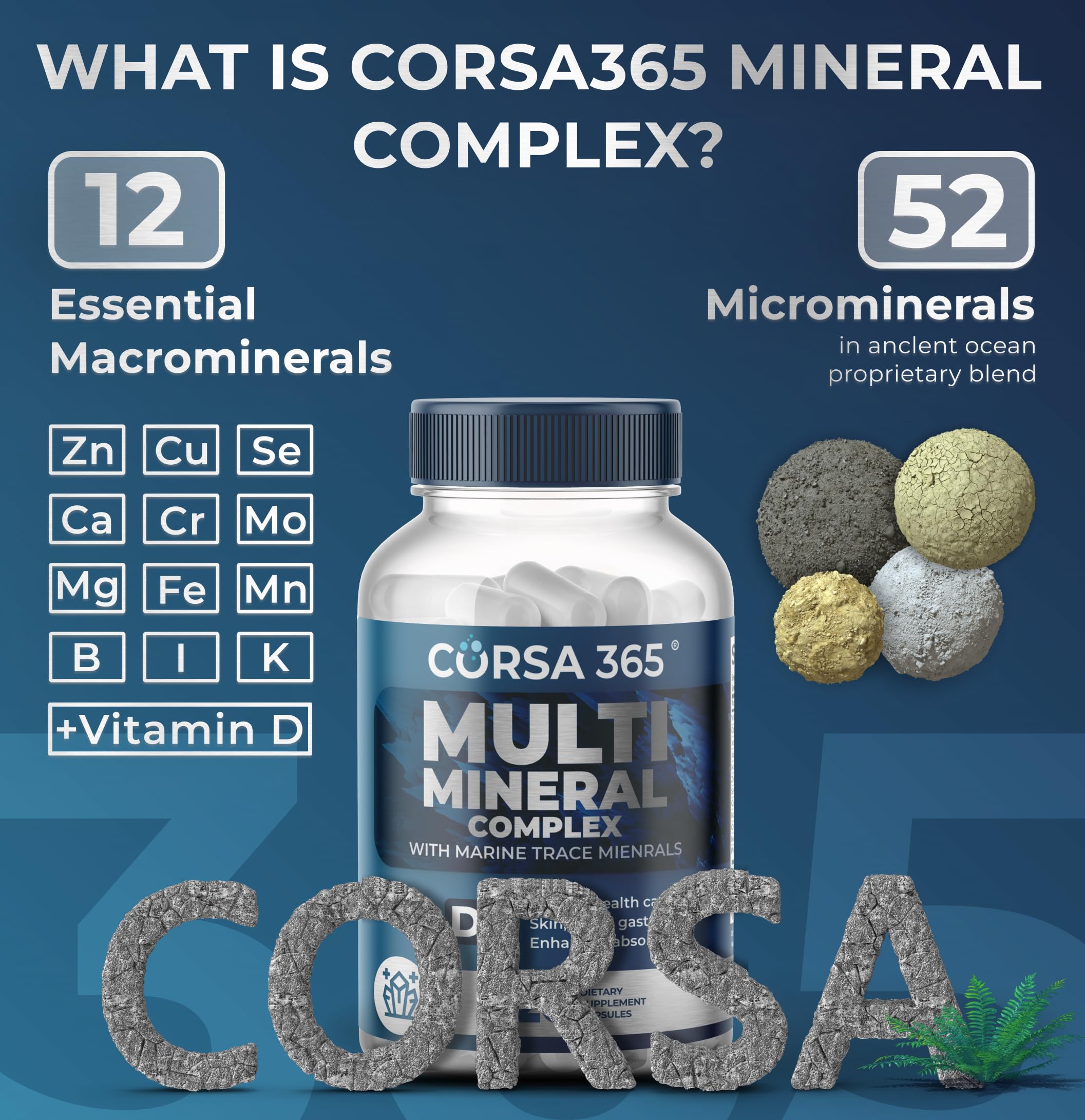 CORSA365 Multimineral Supplement Magnesium Complex with Trace Minerals for Immune Support - Potassium Magnesium Supplement Calcium Vitamin D Zinc Cooper Boron Supplement for Men Women - 120 Capsules