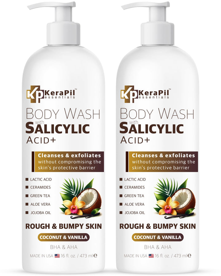 KERAPIL Exfoliating Body Wash with Salicylic Acid - No Dry Out, Gentle Exfoliates Rough and Bumpy Skin, Body Acne Wash, BHA & AHA - Coconut and Vanilla Salicylic Acid Body Wash - (16 fl oz x 2)